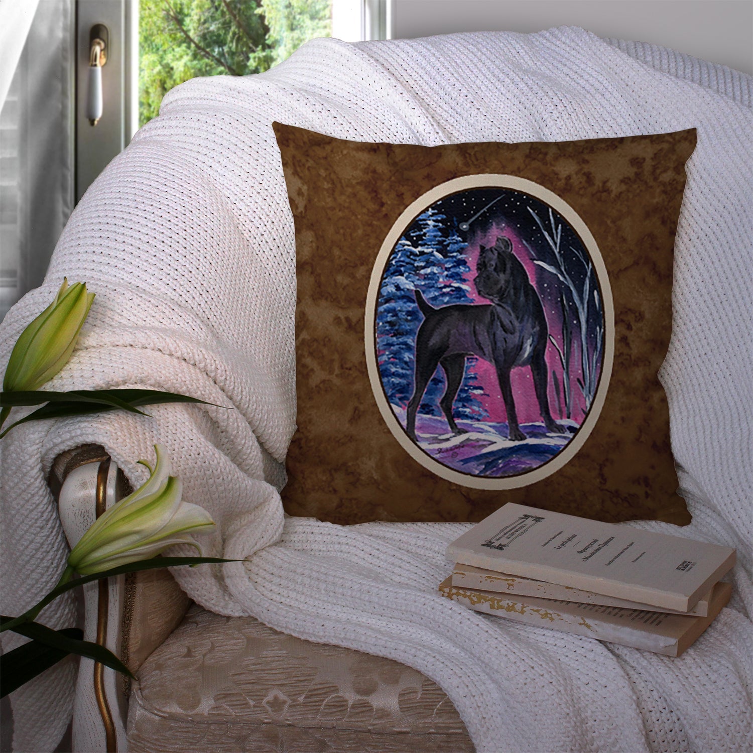 Starry Night Cane Corso Decorative Throw Pillow 14x14 Indoor Outdoor Accent Cushion, Fabric Cover with Insert for Sofa, Bed, Porch & Living Room