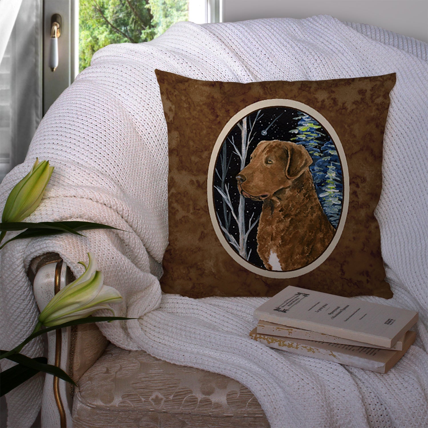 Starry Night Chesapeake Bay Retriever Decorative Throw Pillow 14x14 Indoor Outdoor Accent Cushion, Fabric Cover with Insert for Sofa, Bed, Porch & Living Room