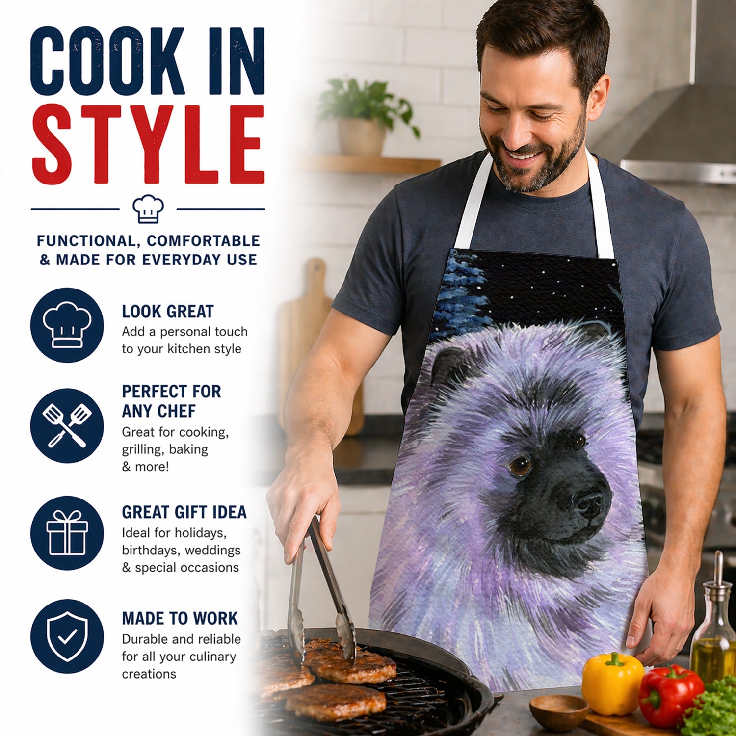 Starry Night Keeshond Apron Cooking Kitchen Server Baking Crafts Gardening for Adult Women Men, Unisex, Large, Multicolor