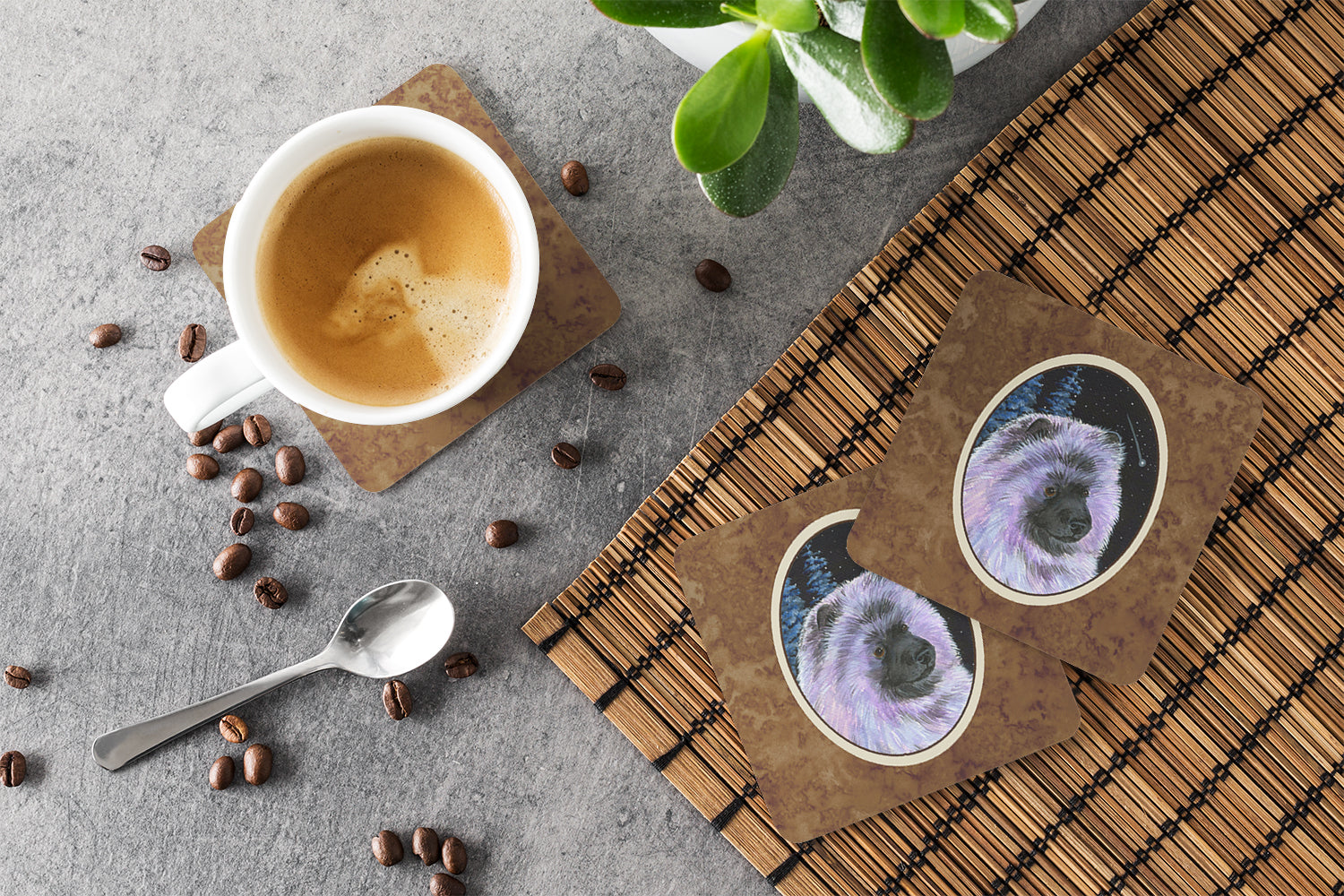 Starry Night Keeshond Foam Coasters Set of 4 Cup Coasters for Indoor Outdoor, Tabletop Protection, Anti Slip, Mouse pad Material