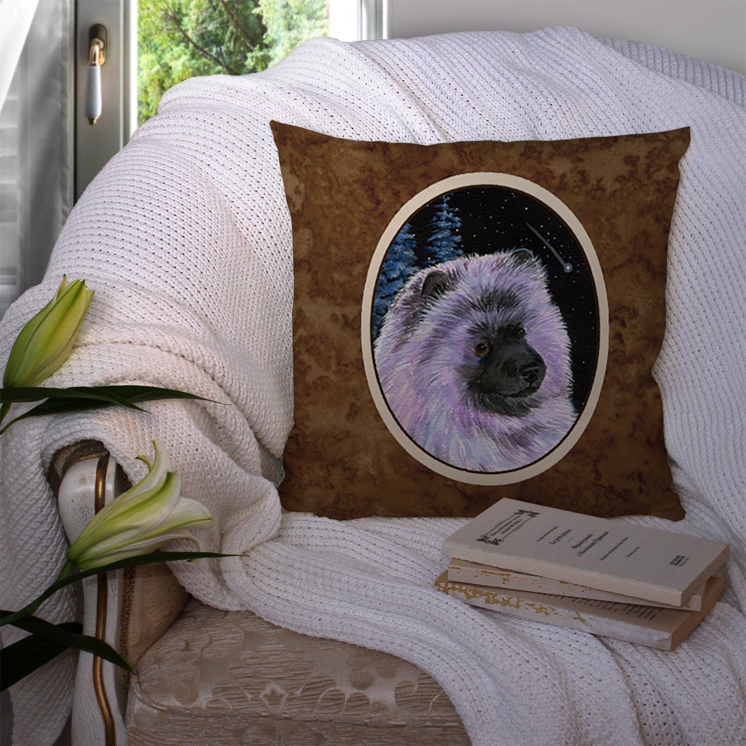 Starry Night Keeshond Decorative Throw Pillow 14x14 Indoor Outdoor Accent Cushion, Fabric Cover with Insert for Sofa, Bed, Porch & Living Room