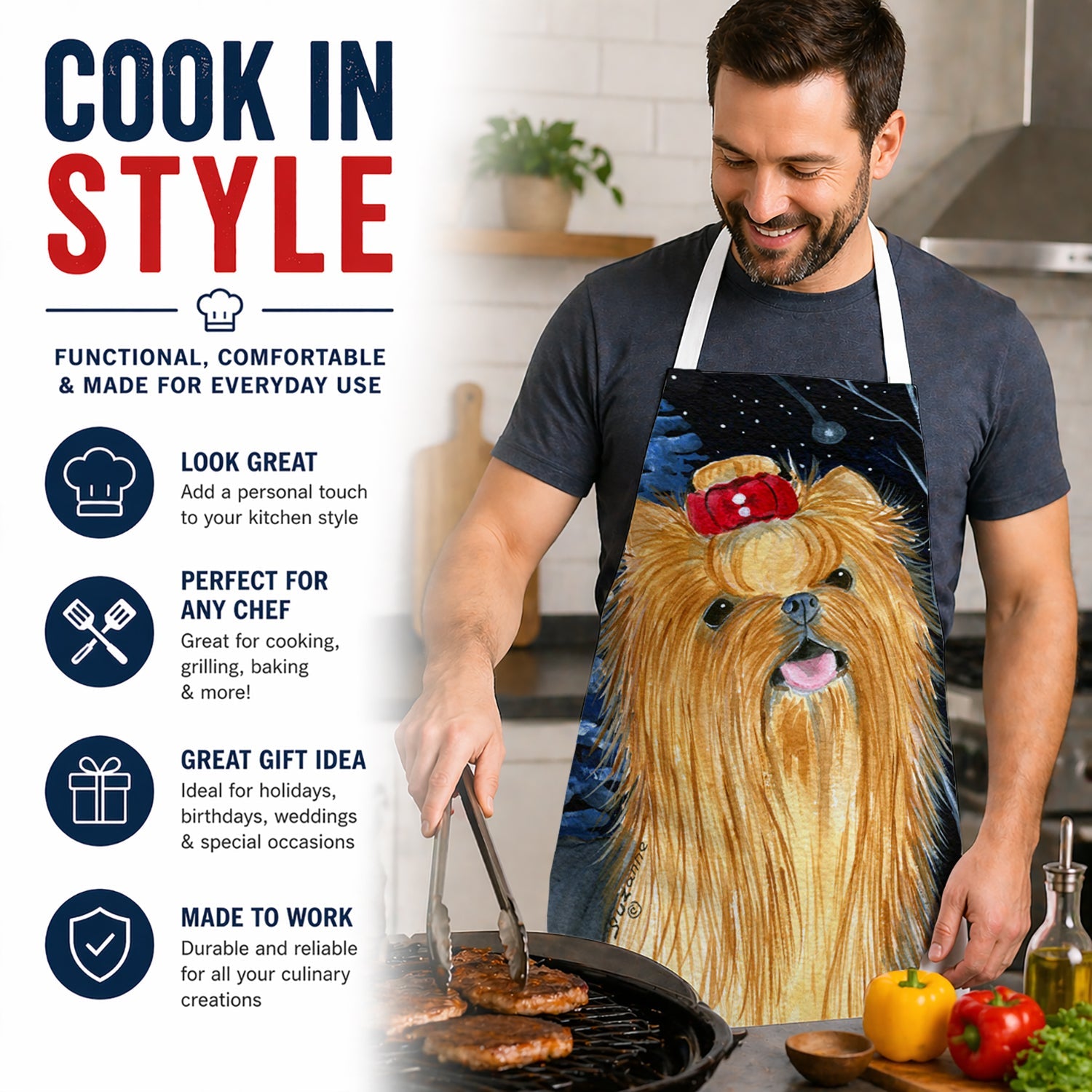 Starry Night Yorkie Apron Cooking Kitchen Server Baking Crafts Gardening for Adult Women Men, Unisex, Large, Multicolor