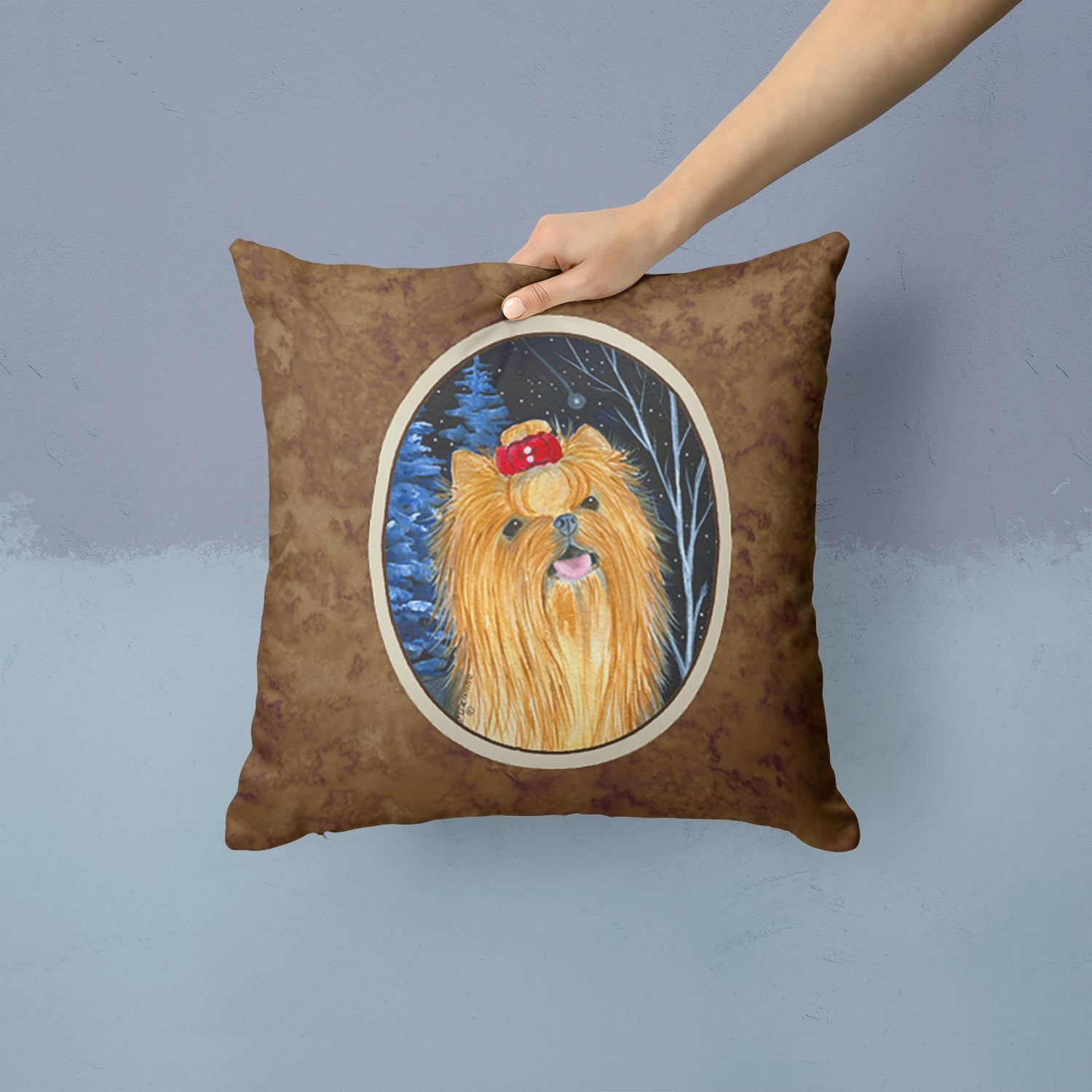 Starry Night Yorkie Decorative Throw Pillow 14x14 Indoor Outdoor Accent Cushion, Fabric Cover with Insert for Sofa, Bed, Porch & Living Room