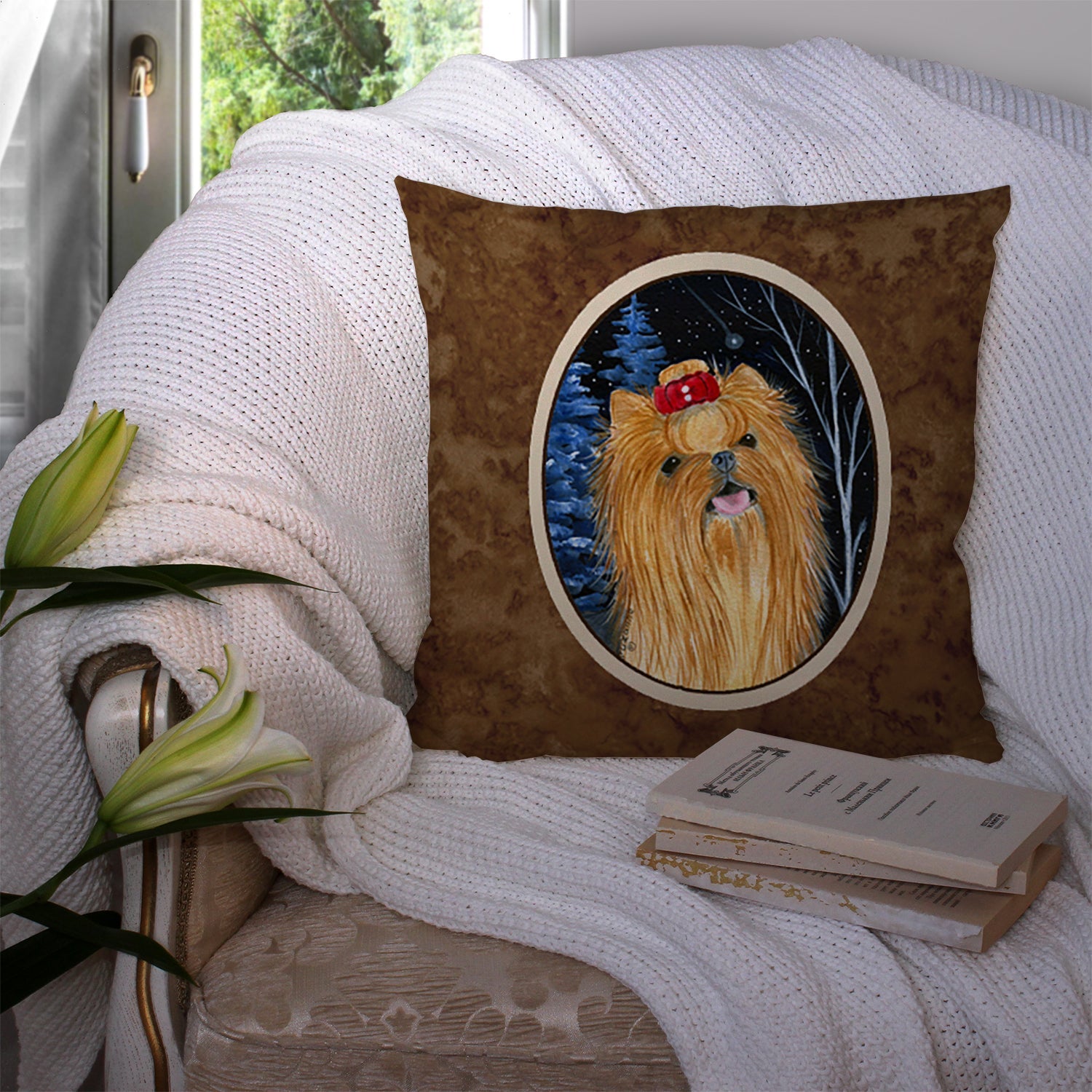 Starry Night Yorkie Decorative Throw Pillow 14x14 Indoor Outdoor Accent Cushion, Fabric Cover with Insert for Sofa, Bed, Porch & Living Room