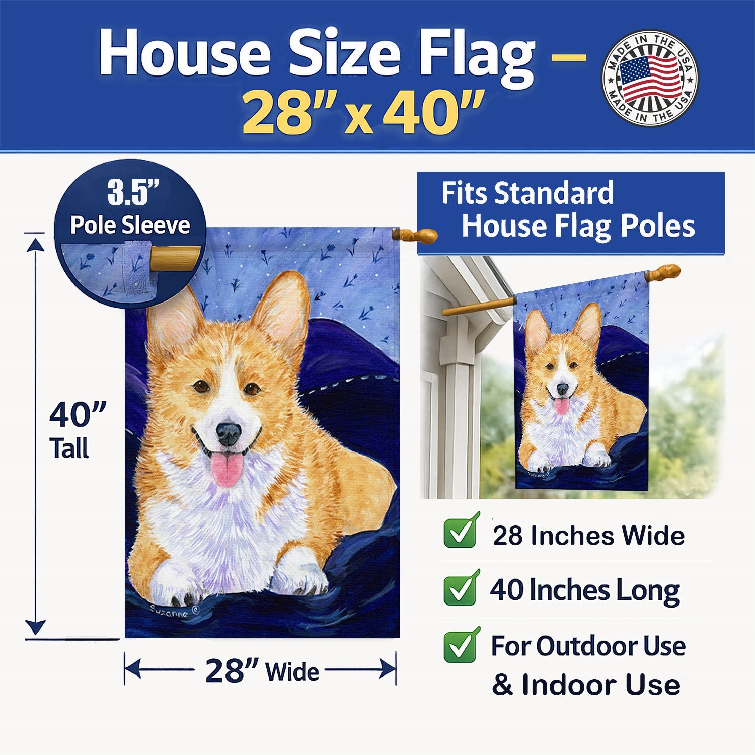 Corgi House Flag 28x40 Porch Sleeve Pole Decorative Outside Yard Banner Artwork Wall Hanging, Polyester