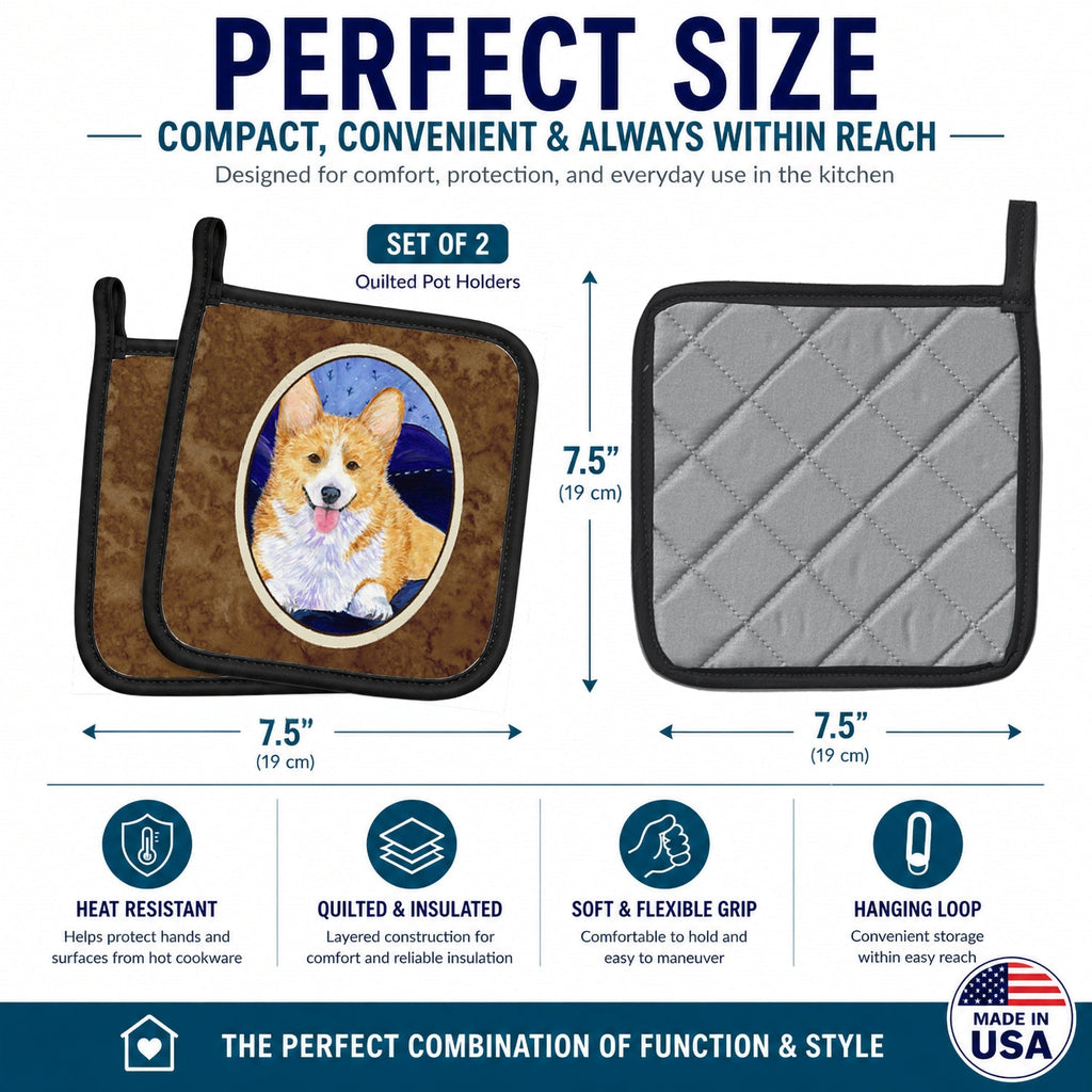 Corgi Pot Holder Set of 2 Heat Resistant Quilted Hot Pads 7.5 x 7.5 Inch, Insulated Kitchen Trivets for Cooking & Baking