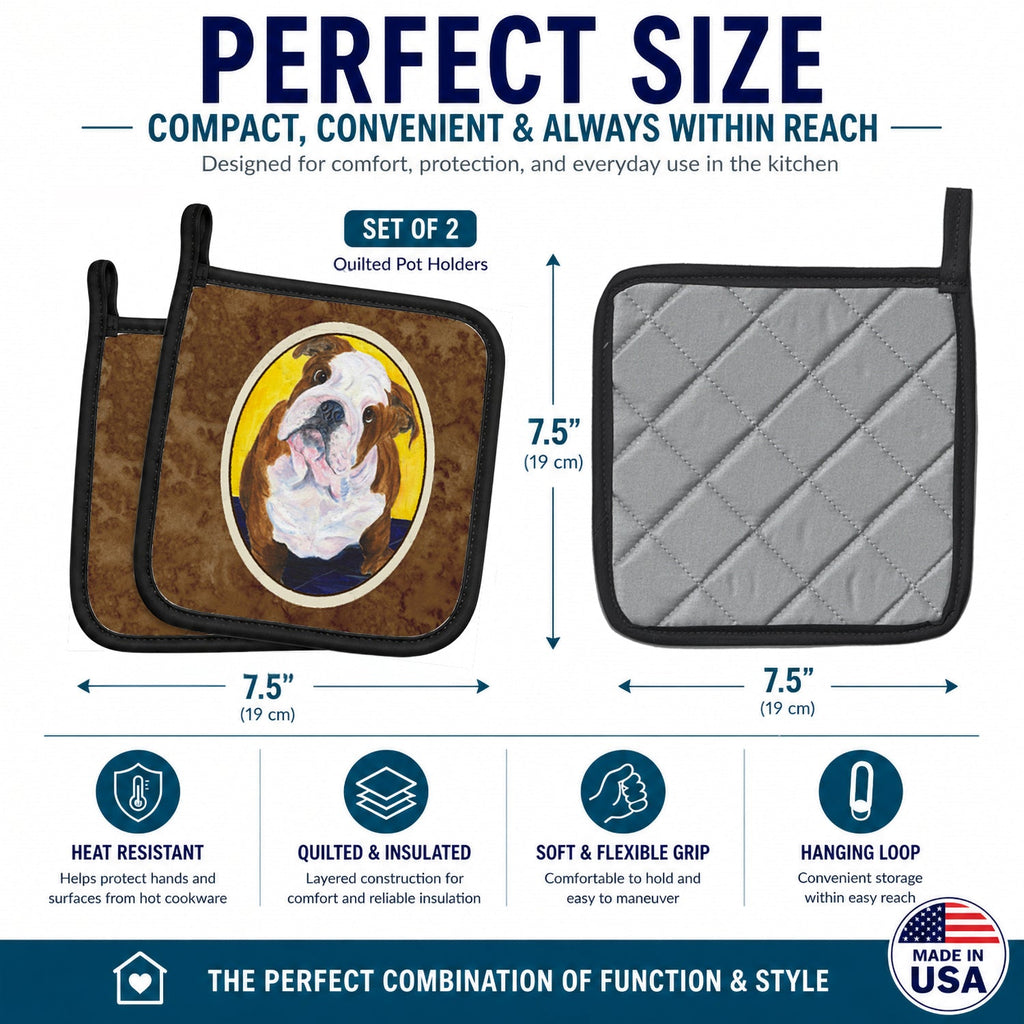 English Bulldog Pot Holder Set of 2 Heat Resistant Quilted Hot Pads 7.5 x 7.5 Inch, Insulated Kitchen Trivets for Cooking & Baking