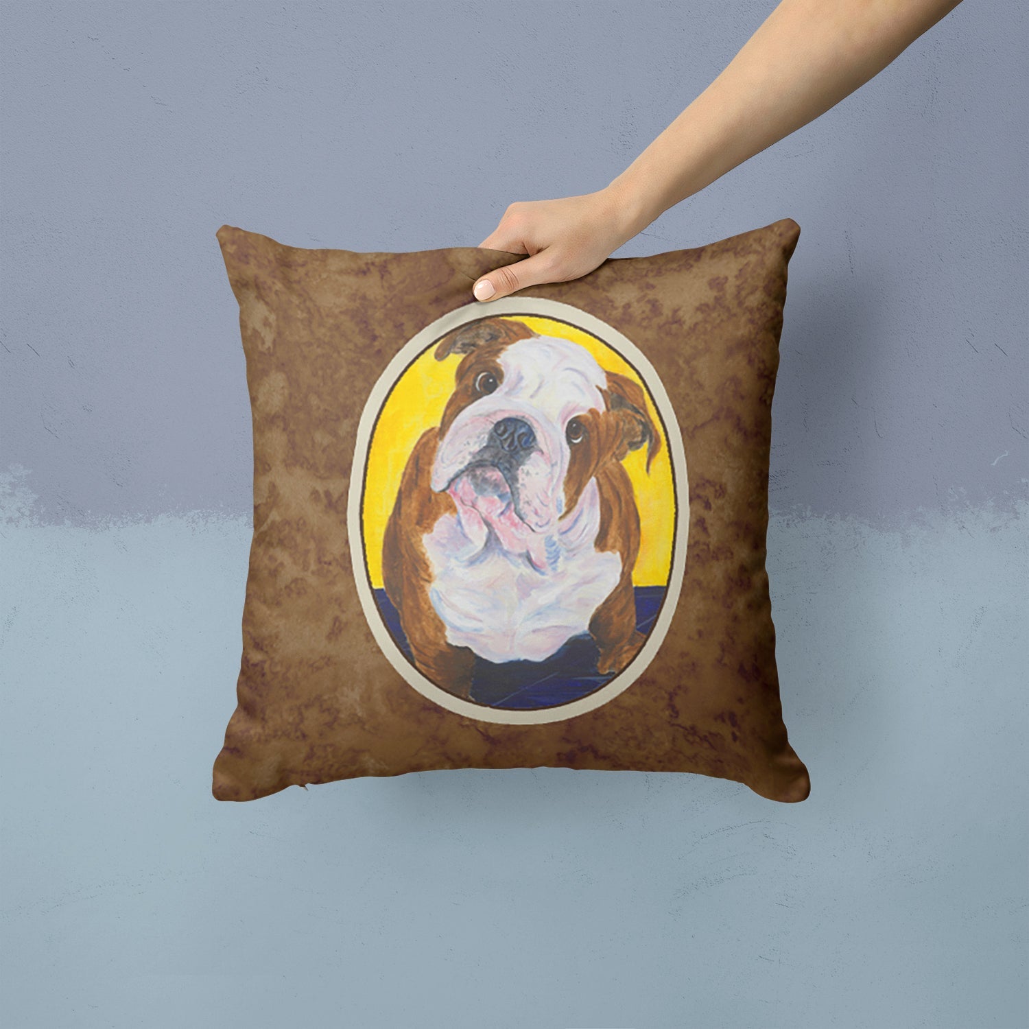 English Bulldog Decorative Throw Pillow 14x14 Indoor Outdoor Accent Cushion, Fabric Cover with Insert for Sofa, Bed, Porch & Living Room