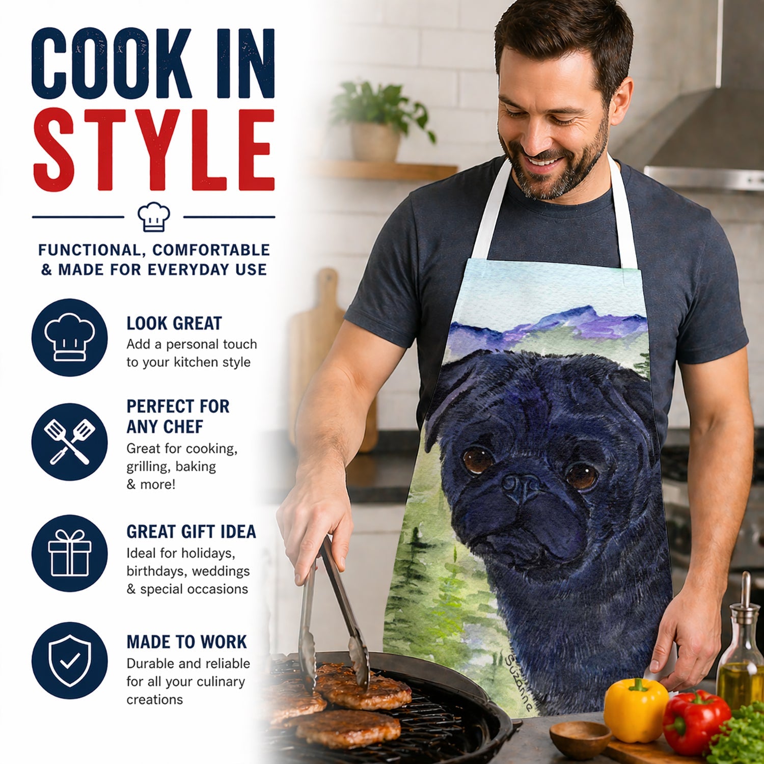 Pug Apron Cooking Kitchen Server Baking Crafts Gardening for Adult Women Men, Unisex, Large, Multicolor