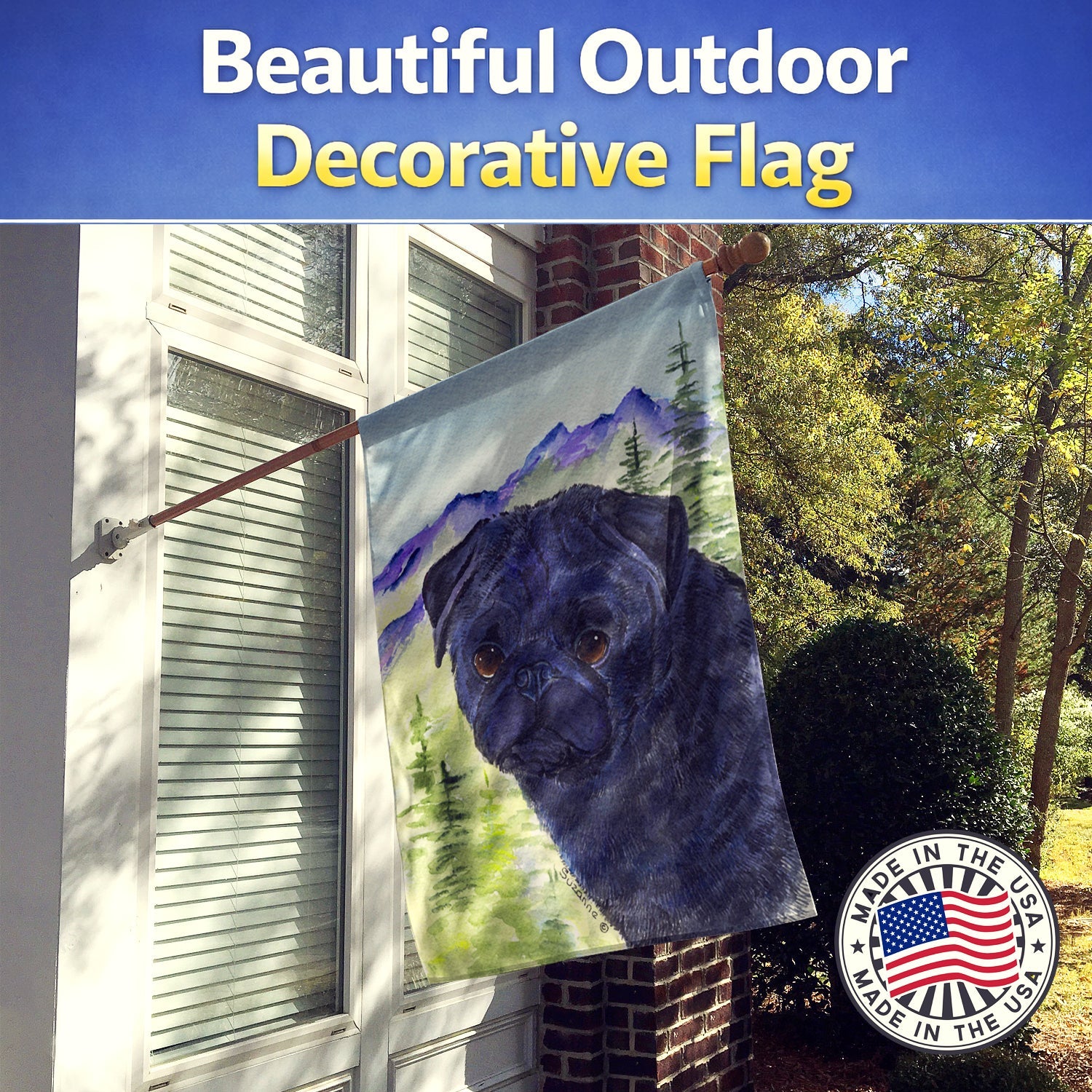 Pug House Flag 28x40 Porch Sleeve Pole Decorative Outside Yard Banner Artwork Wall Hanging, Polyester