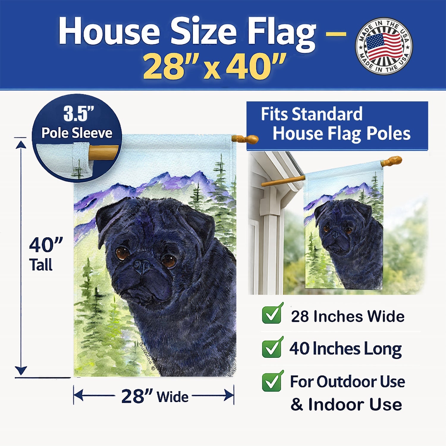 Pug House Flag 28x40 Porch Sleeve Pole Decorative Outside Yard Banner Artwork Wall Hanging, Polyester