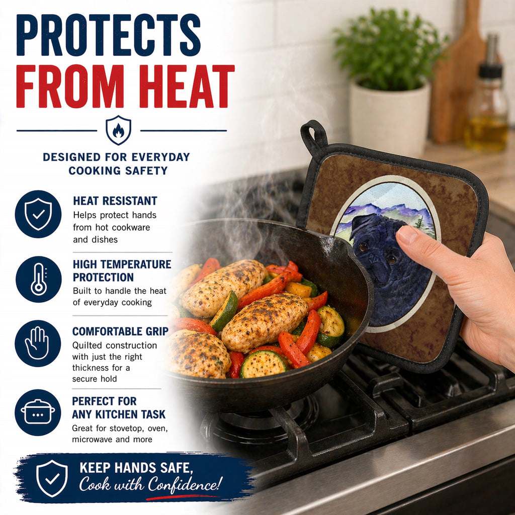 Pug Pot Holder Set of 2 Heat Resistant Quilted Hot Pads 7.5 x 7.5 Inch, Insulated Kitchen Trivets for Cooking & Baking