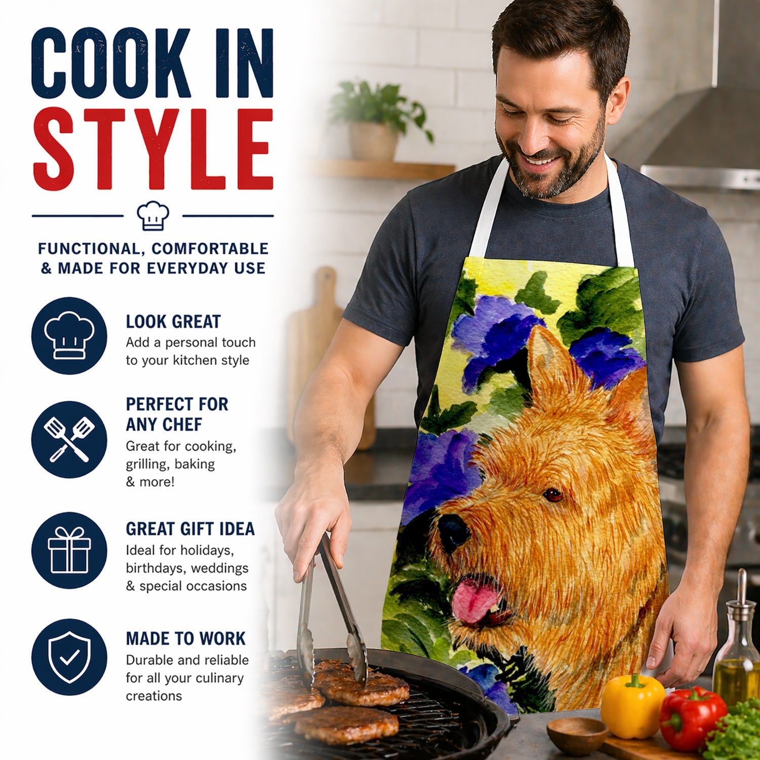Norwich Terrier Apron Cooking Kitchen Server Baking Crafts Gardening for Adult Women Men, Unisex, Large, Multicolor