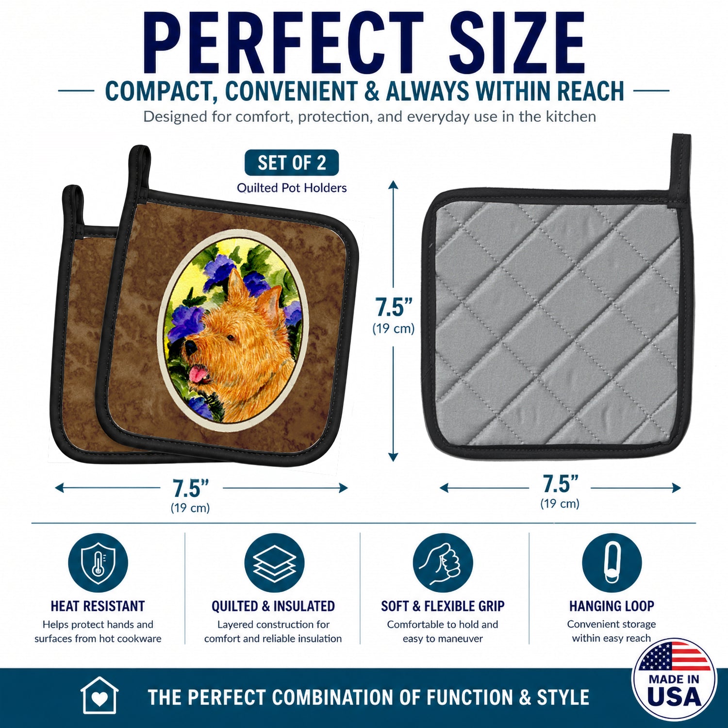 Norwich Terrier Pot Holder Set of 2 Heat Resistant Quilted Hot Pads 7.5 x 7.5 Inch, Insulated Kitchen Trivets for Cooking & Baking