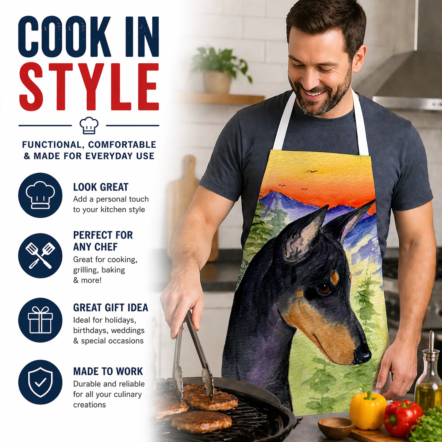 Manchester Terrier Apron Cooking Kitchen Server Baking Crafts Gardening for Adult Women Men, Unisex, Large, Multicolor