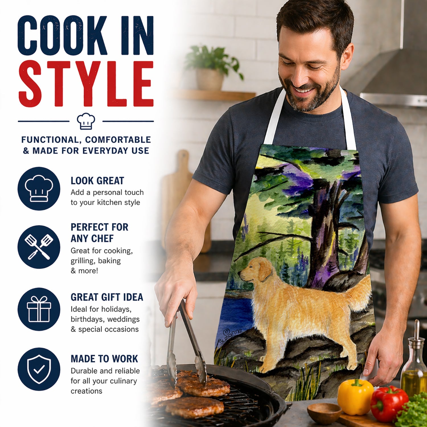 Golden Retriever Apron Cooking Kitchen Server Baking Crafts Gardening for Adult Women Men, Unisex, Large, Multicolor