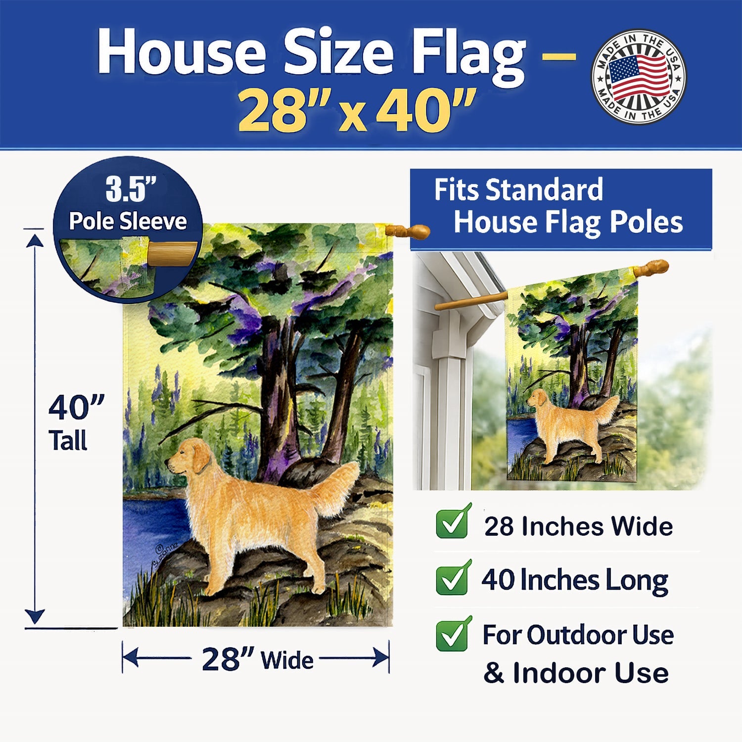 Golden Retriever House Flag 28x40 Porch Sleeve Pole Decorative Outside Yard Banner Artwork Wall Hanging, Polyester