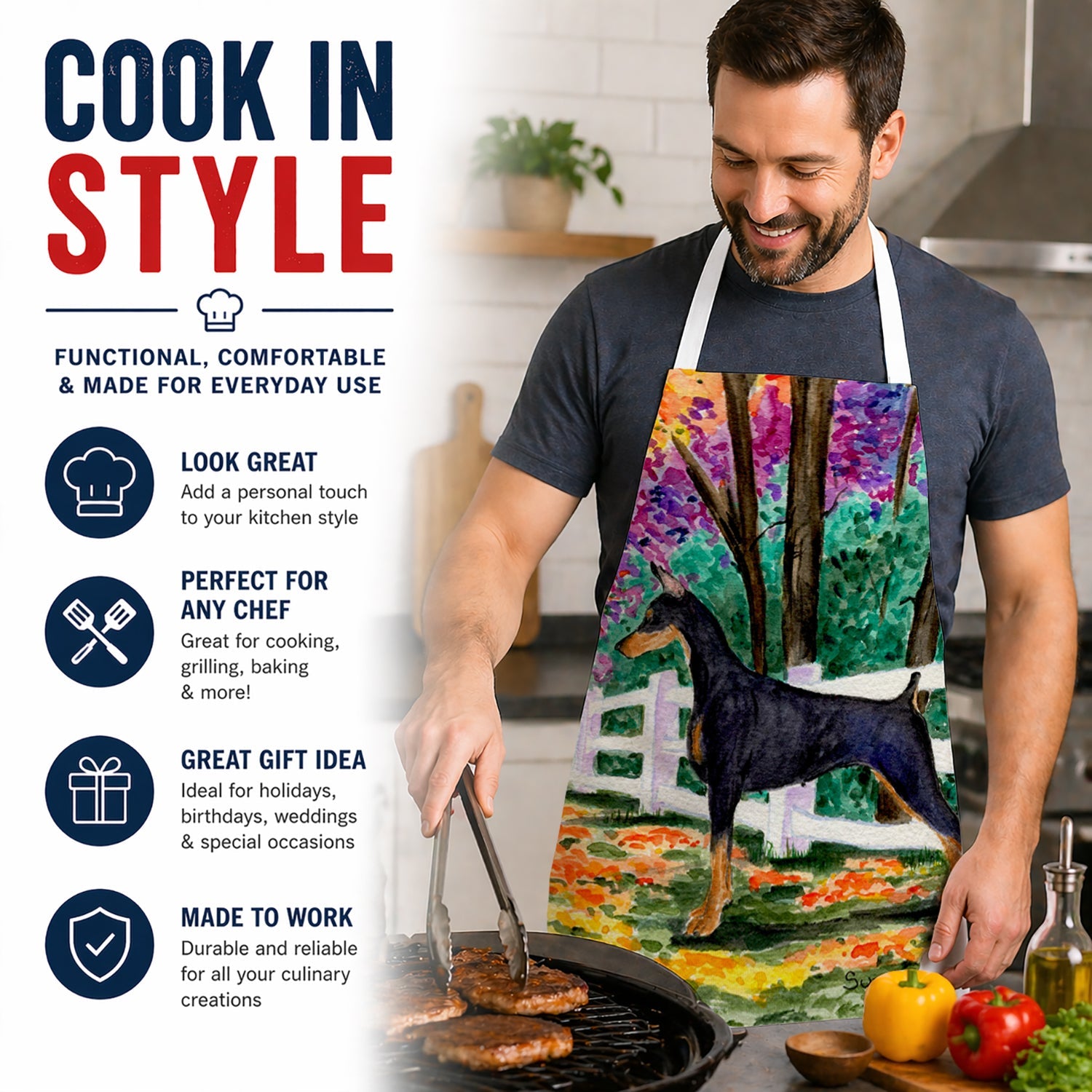 Doberman Apron Cooking Kitchen Server Baking Crafts Gardening for Adult Women Men, Unisex, Large, Multicolor