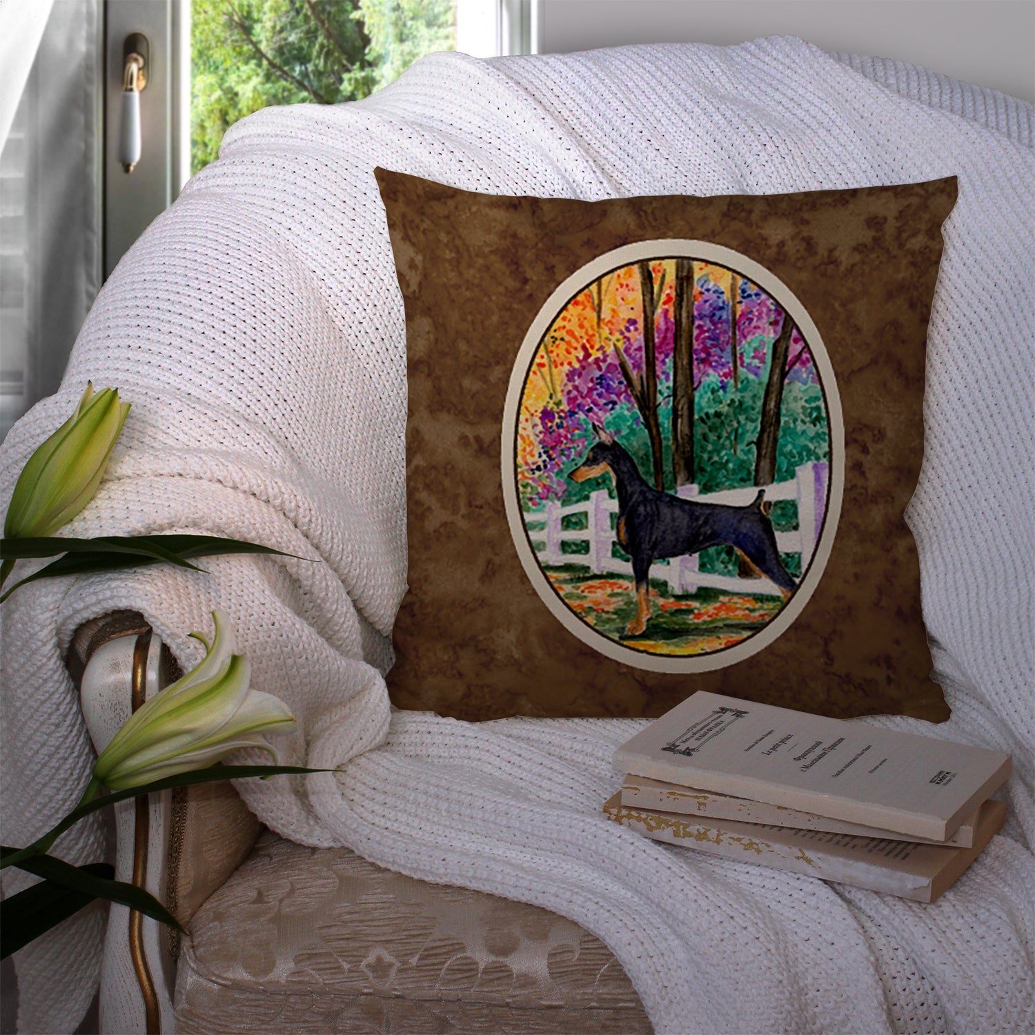 Doberman Decorative Throw Pillow 14x14 Indoor Outdoor Accent Cushion, Fabric Cover with Insert for Sofa, Bed, Porch & Living Room
