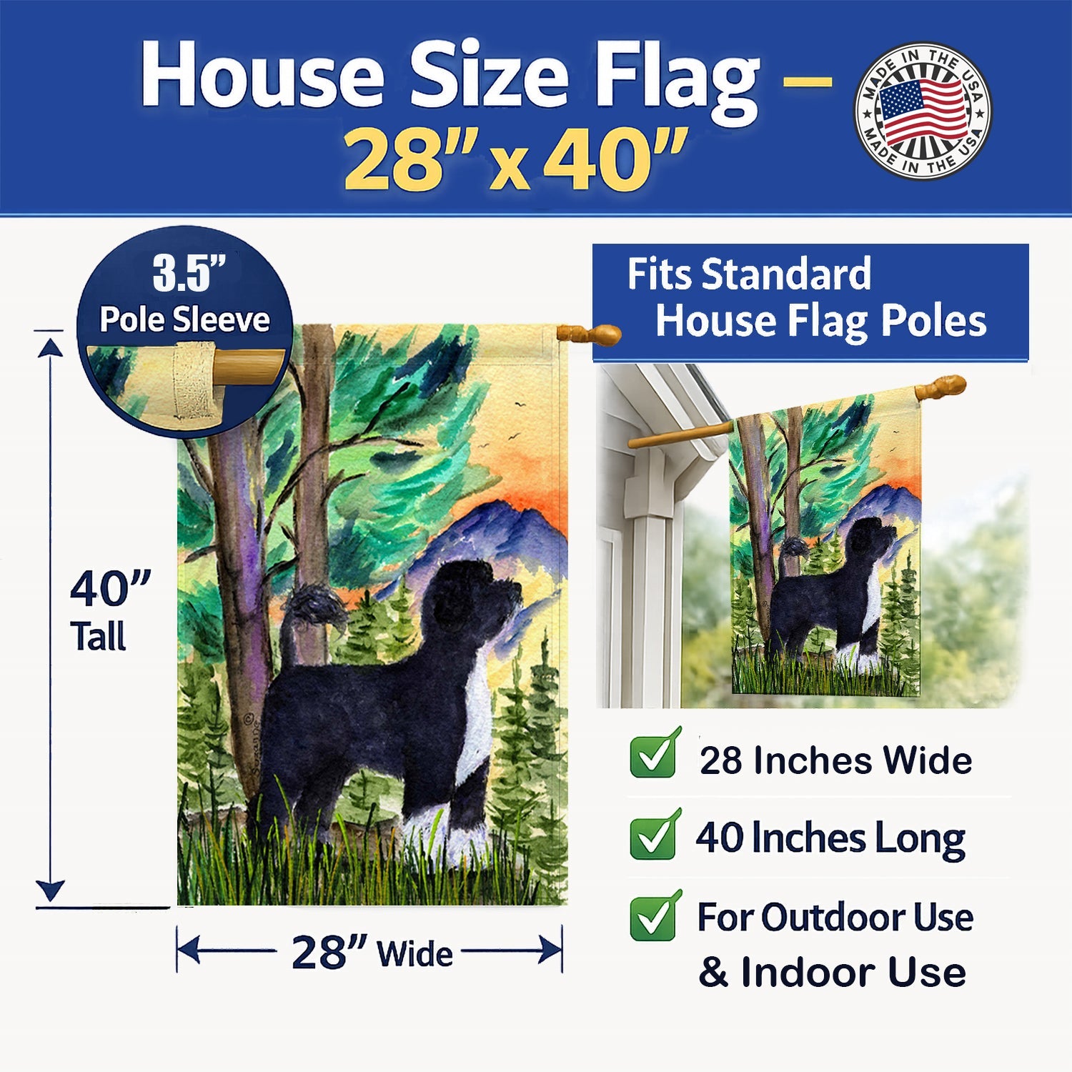 Portuguese Water Dog House Flag 28x40 Porch Sleeve Pole Decorative Outside Yard Banner Artwork Wall Hanging, Polyester