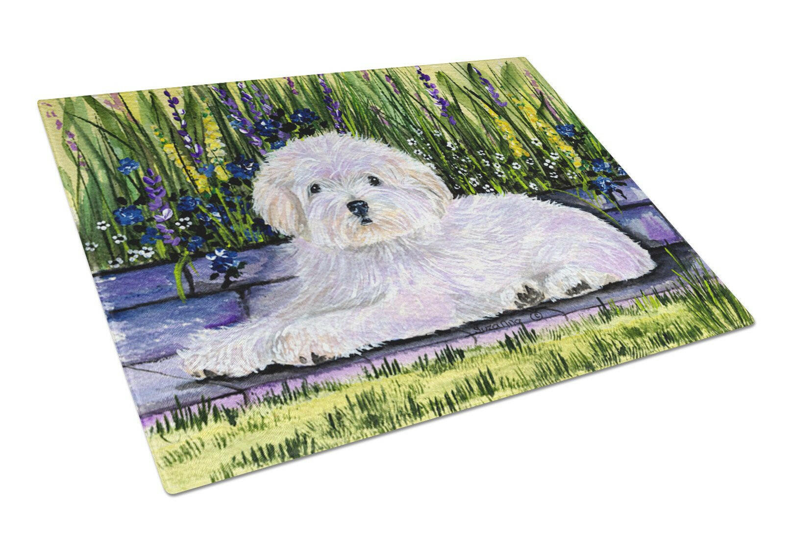 Coton de Tulear Cutting Board Tempered Glass Kitchen Cutting Surface, Heat Resistant Chopping, Non-Slip Feet, Food Prep & Serving