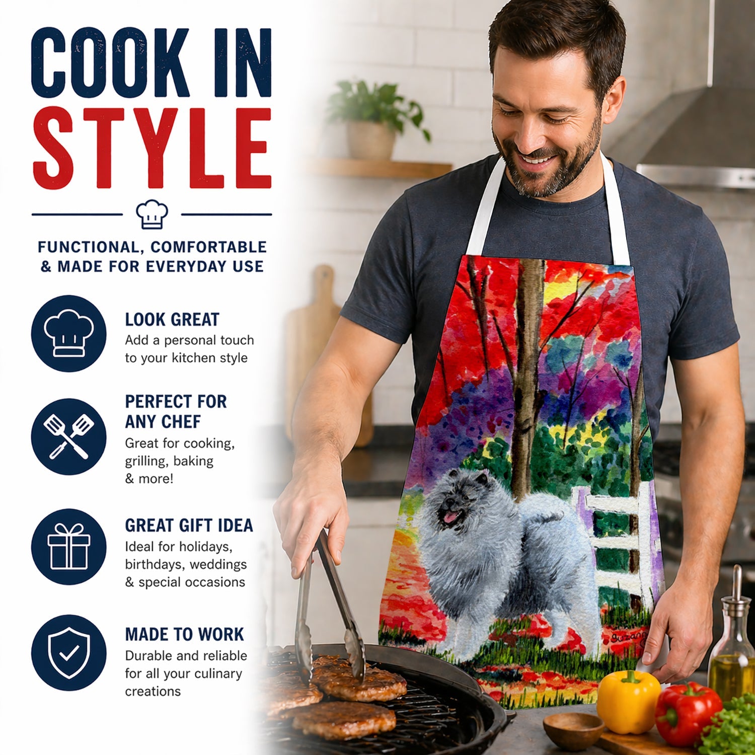 Keeshond Apron Cooking Kitchen Server Baking Crafts Gardening for Adult Women Men, Unisex, Large, Multicolor