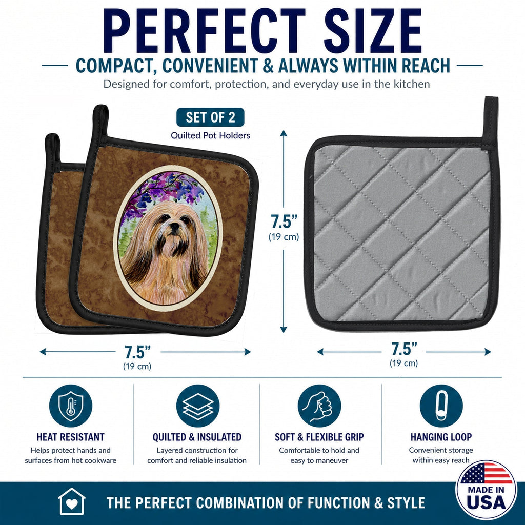 Lhasa Apso Pot Holder Set of 2 Heat Resistant Quilted Hot Pads 7.5 x 7.5 Inch, Insulated Kitchen Trivets for Cooking & Baking