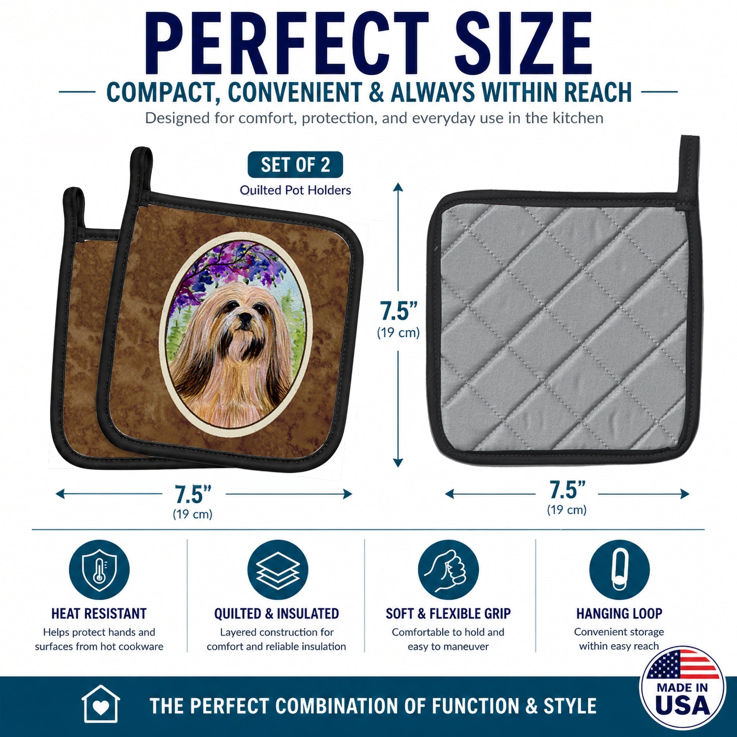 Lhasa Apso Pot Holder Set of 2 Heat Resistant Quilted Hot Pads 7.5 x 7.5 Inch, Insulated Kitchen Trivets for Cooking & Baking