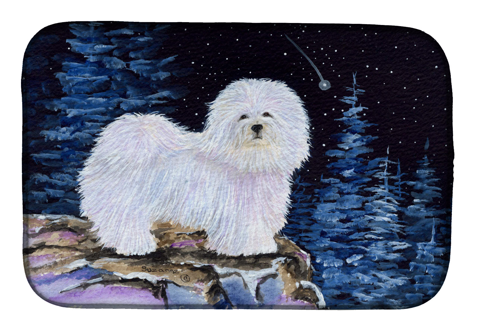 Starry Night Coton de Tulear Dish Drying Mat Absorbent Dish Drying Mat Pad for Kitchen Counter Dish Drainer Mat for Countertop, 14 x 21", Multicolor