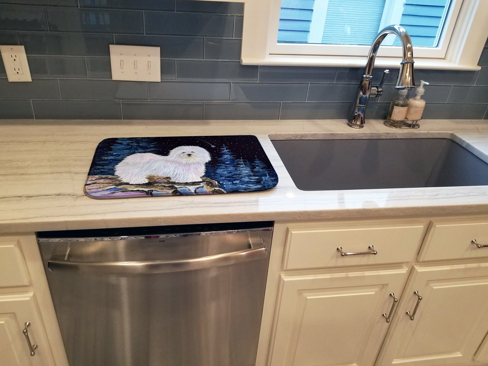 Starry Night Coton de Tulear Dish Drying Mat Absorbent Dish Drying Mat Pad for Kitchen Counter Dish Drainer Mat for Countertop, 14 x 21", Multicolor