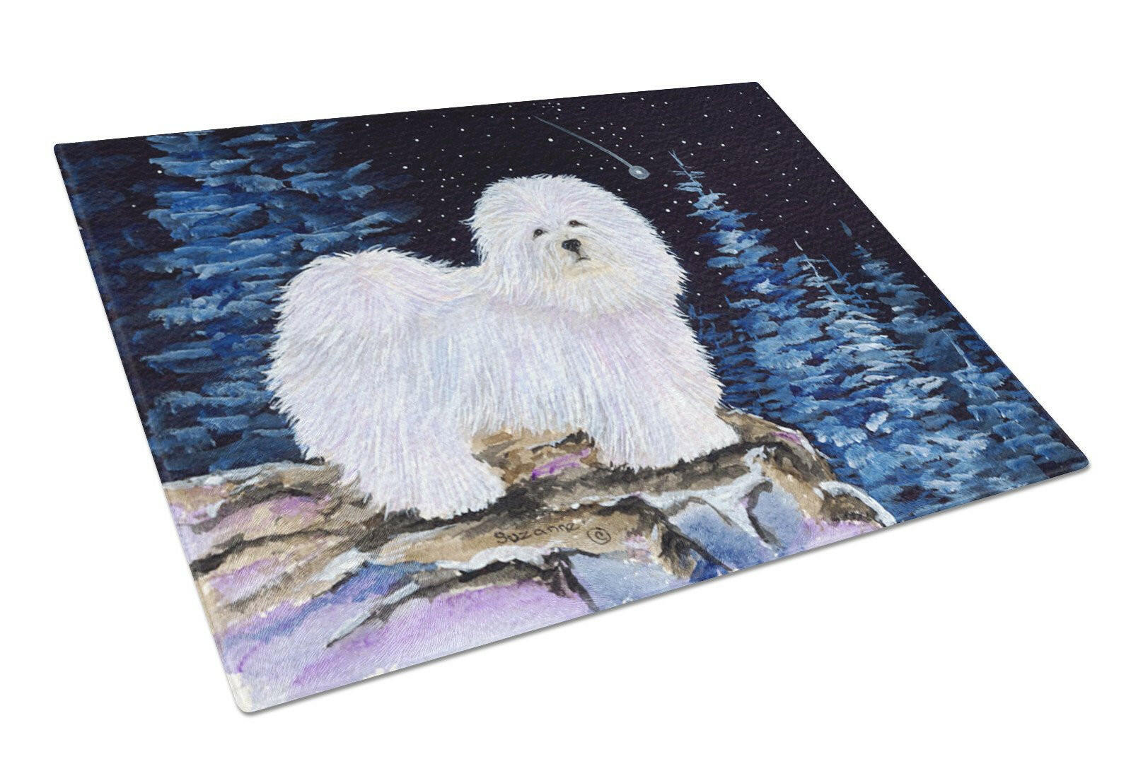 Starry Night Coton de Tulear Cutting Board Tempered Glass Kitchen Cutting Surface, Heat Resistant Chopping, Non-Slip Feet, Food Prep & Serving