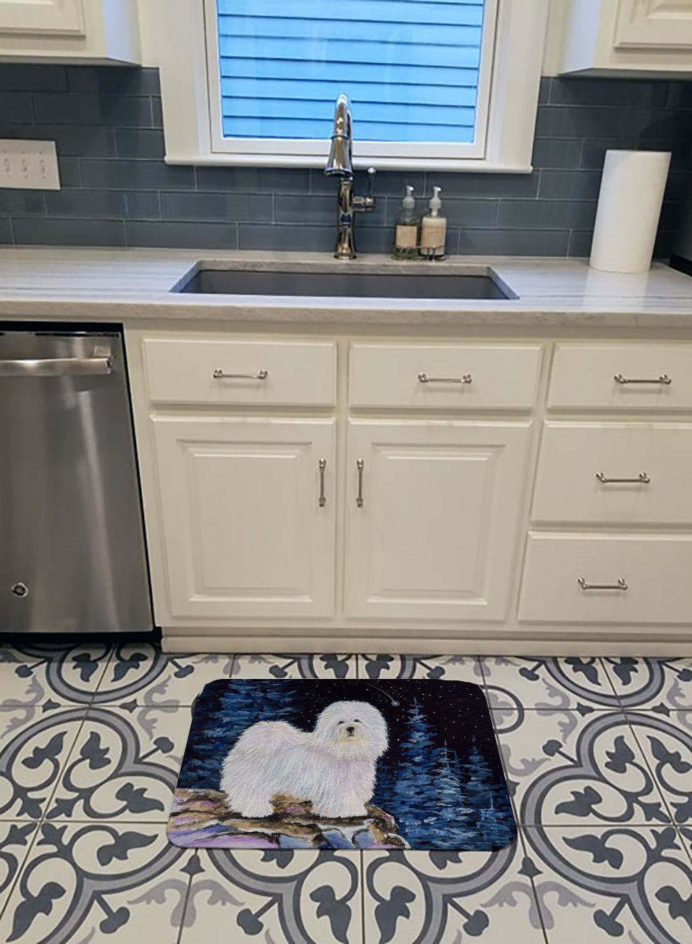 Starry Night Coton de Tulear Memory Foam Kitchen Mat Machine Washable Anti-Fatigue Cushion Comfort Bath or Kitchen Rug