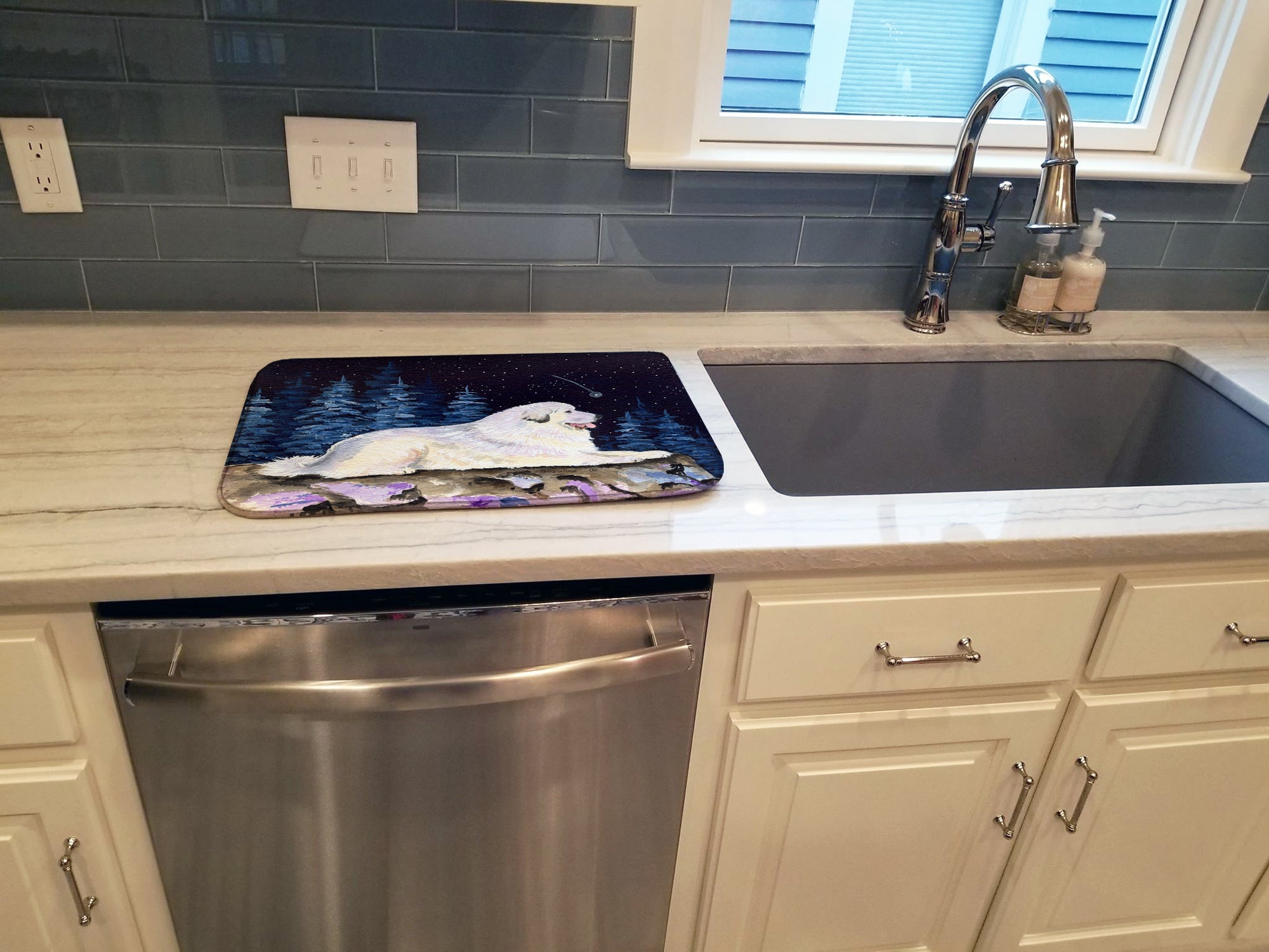 Starry Night Great Pyrenees Dish Drying Mat Absorbent Dish Drying Mat Pad for Kitchen Counter Dish Drainer Mat for Countertop, 14 x 21", Multicolor