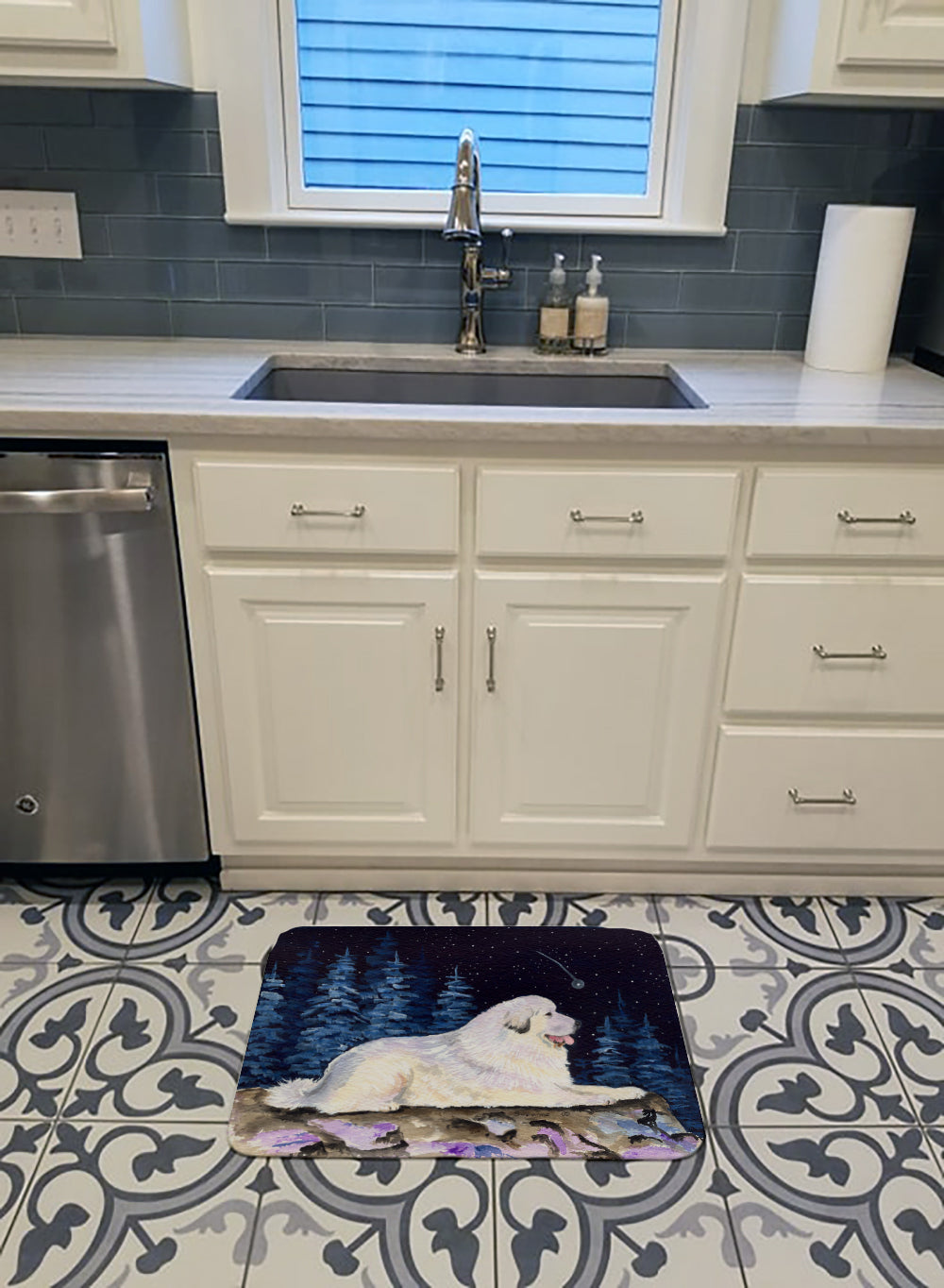 Starry Night Great Pyrenees Memory Foam Kitchen Mat Machine Washable Anti-Fatigue Cushion Comfort Bath or Kitchen Rug
