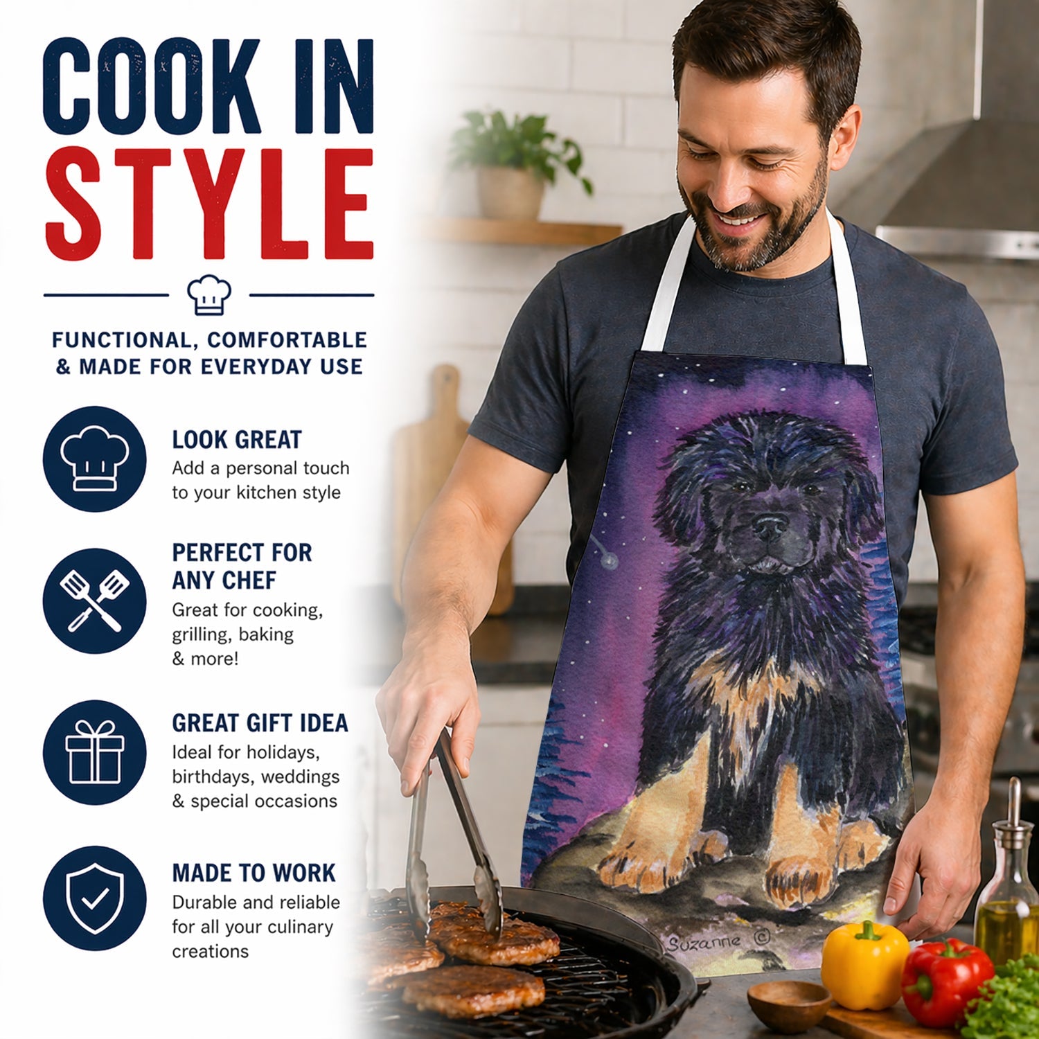 Starry Night Tibetan Mastiff Apron Cooking Kitchen Server Baking Crafts Gardening for Adult Women Men, Unisex, Large, Multicolor