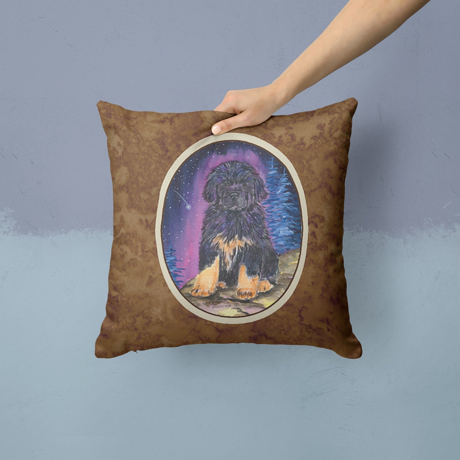 Starry Night Tibetan Mastiff Decorative Throw Pillow 14x14 Indoor Outdoor Accent Cushion, Fabric Cover with Insert for Sofa, Bed, Porch & Living Room