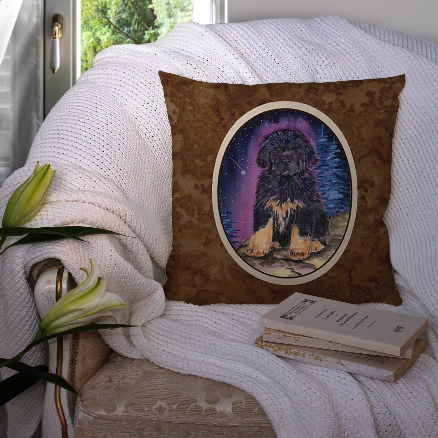 Starry Night Tibetan Mastiff Decorative Throw Pillow 14x14 Indoor Outdoor Accent Cushion, Fabric Cover with Insert for Sofa, Bed, Porch & Living Room