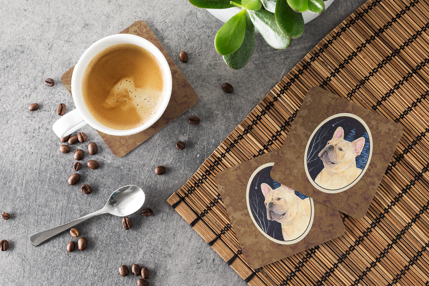 Starry Night French Bulldog Foam Coasters Set of 4 Cup Coasters for Indoor Outdoor, Tabletop Protection, Anti Slip, Mouse pad Material
