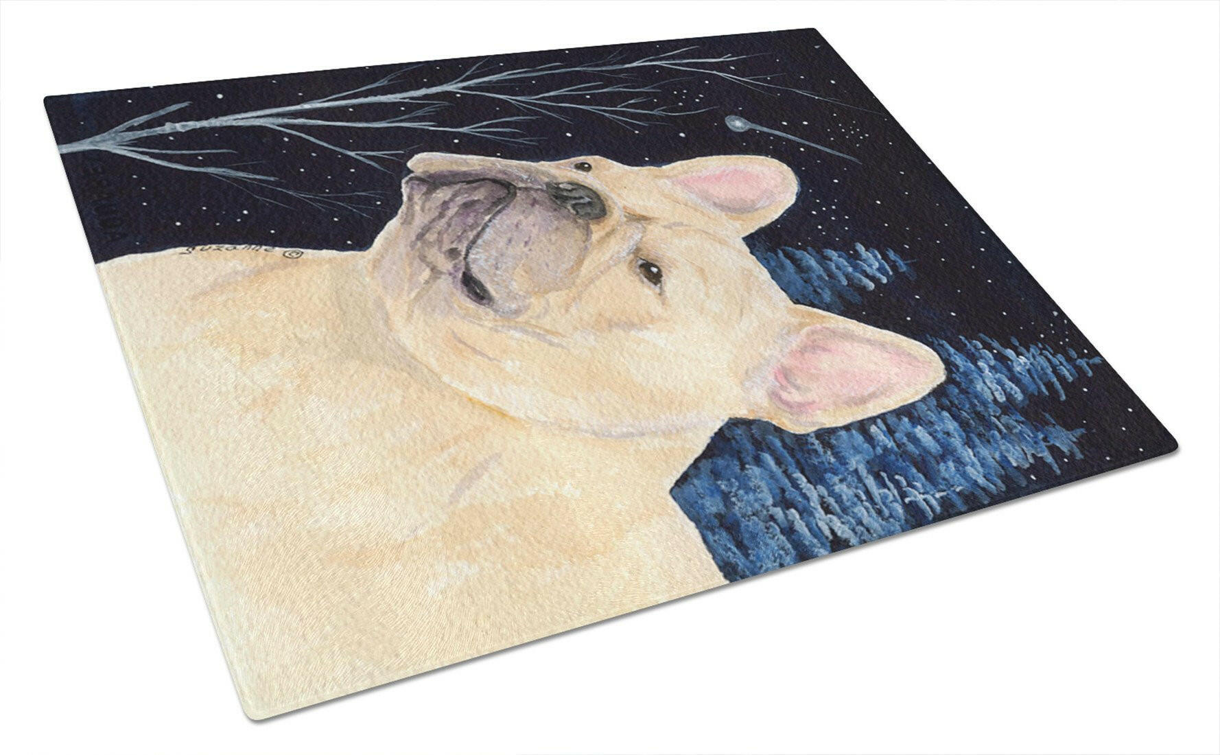 Starry Night French Bulldog Cutting Board Tempered Glass Kitchen Cutting Surface, Heat Resistant Chopping, Non-Slip Feet, Food Prep & Serving