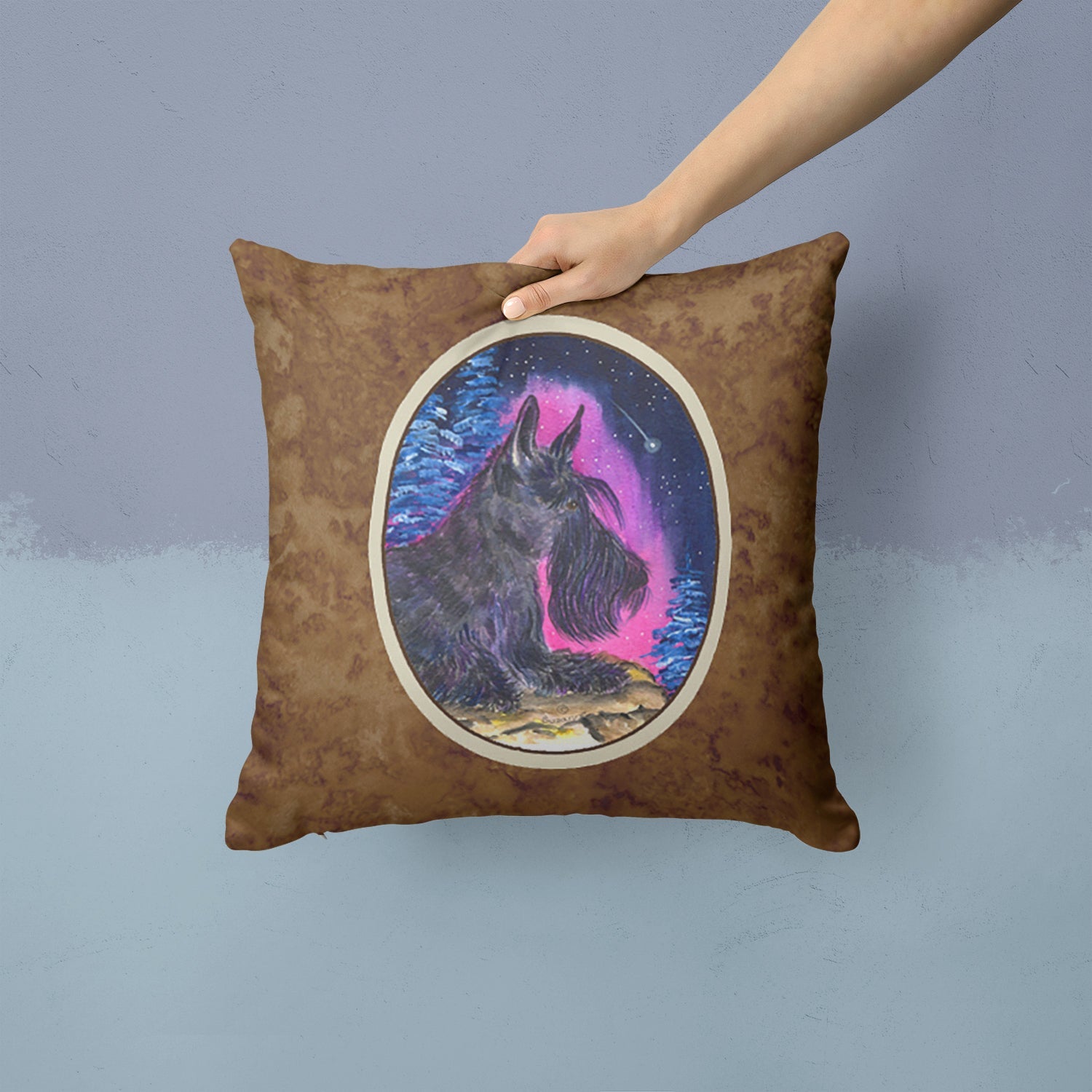Starry Night Scottish Terrier Decorative Throw Pillow 14x14 Indoor Outdoor Accent Cushion, Fabric Cover with Insert for Sofa, Bed, Porch & Living Room