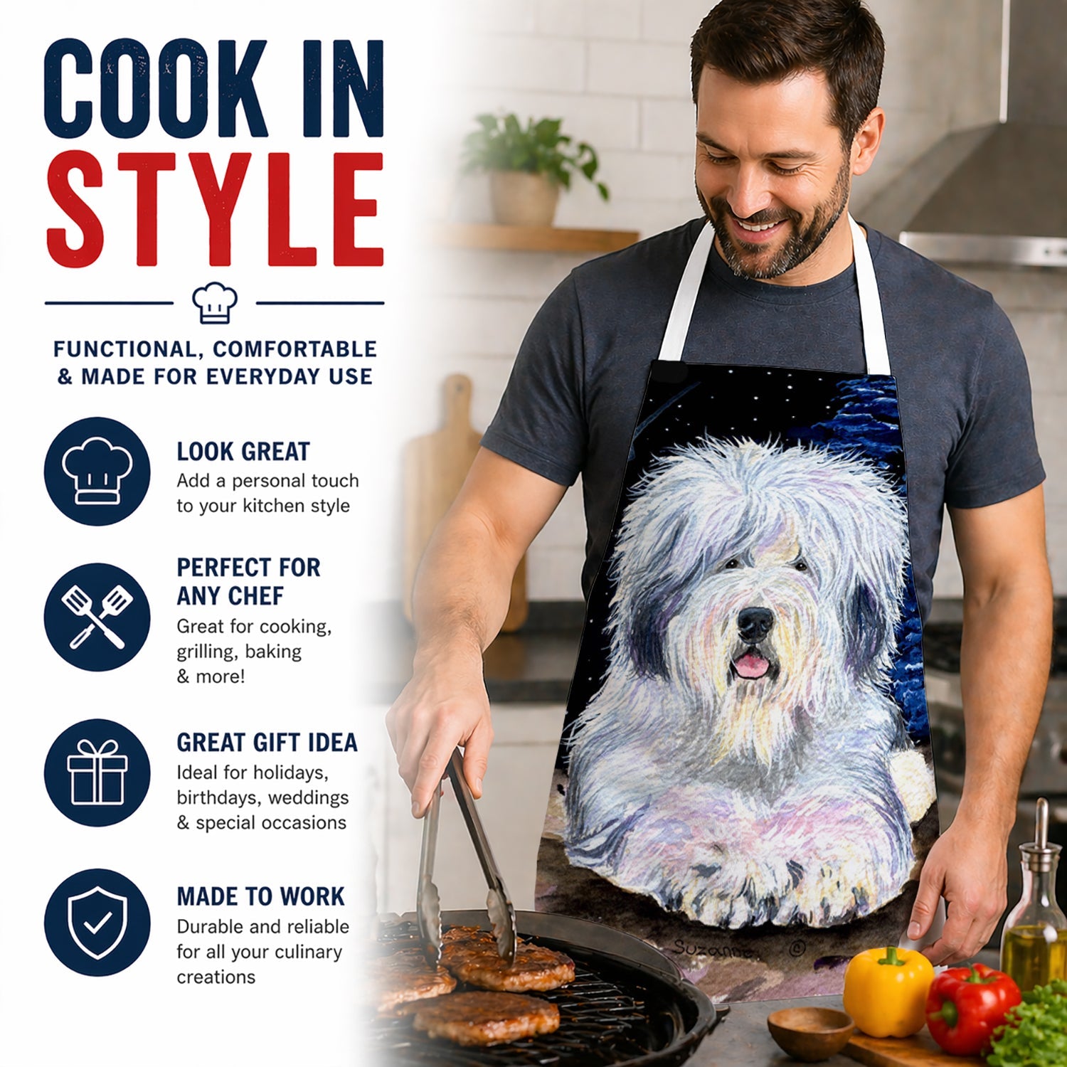 Starry Night Old English Sheepdog Apron Cooking Kitchen Server Baking Crafts Gardening for Adult Women Men, Unisex, Large, Multicolor