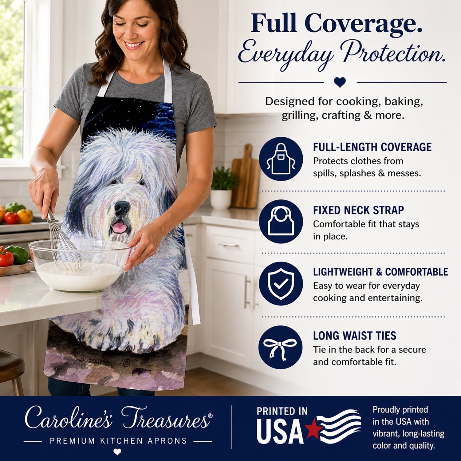 Starry Night Old English Sheepdog Apron Cooking Kitchen Server Baking Crafts Gardening for Adult Women Men, Unisex, Large, Multicolor
