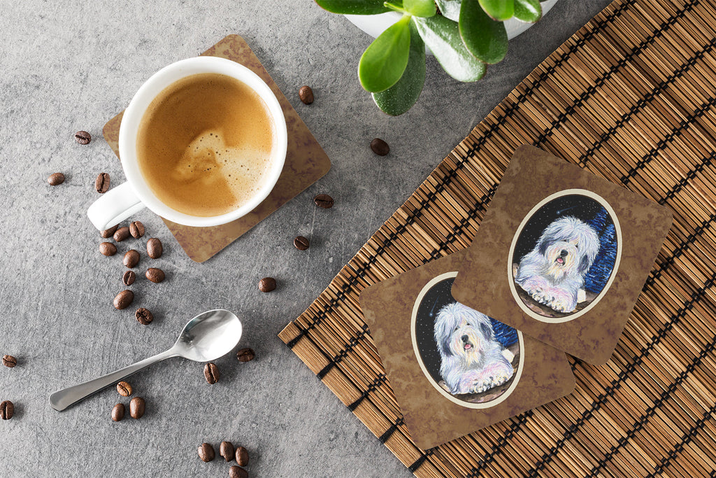 Starry Night Old English Sheepdog Foam Coasters Set of 4 Cup Coasters for Indoor Outdoor, Tabletop Protection, Anti Slip, Mouse pad Material