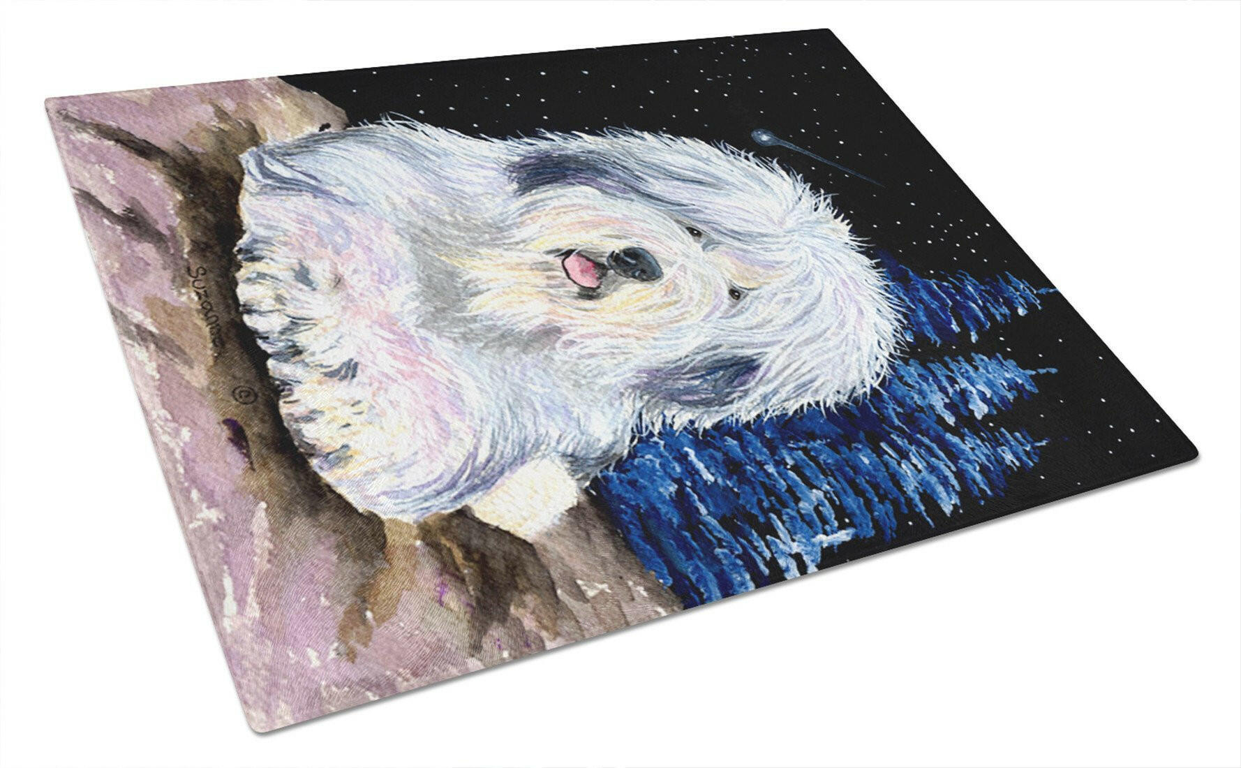 Starry Night Old English Sheepdog Cutting Board Tempered Glass Kitchen Cutting Surface, Heat Resistant Chopping, Non-Slip Feet, Food Prep & Serving