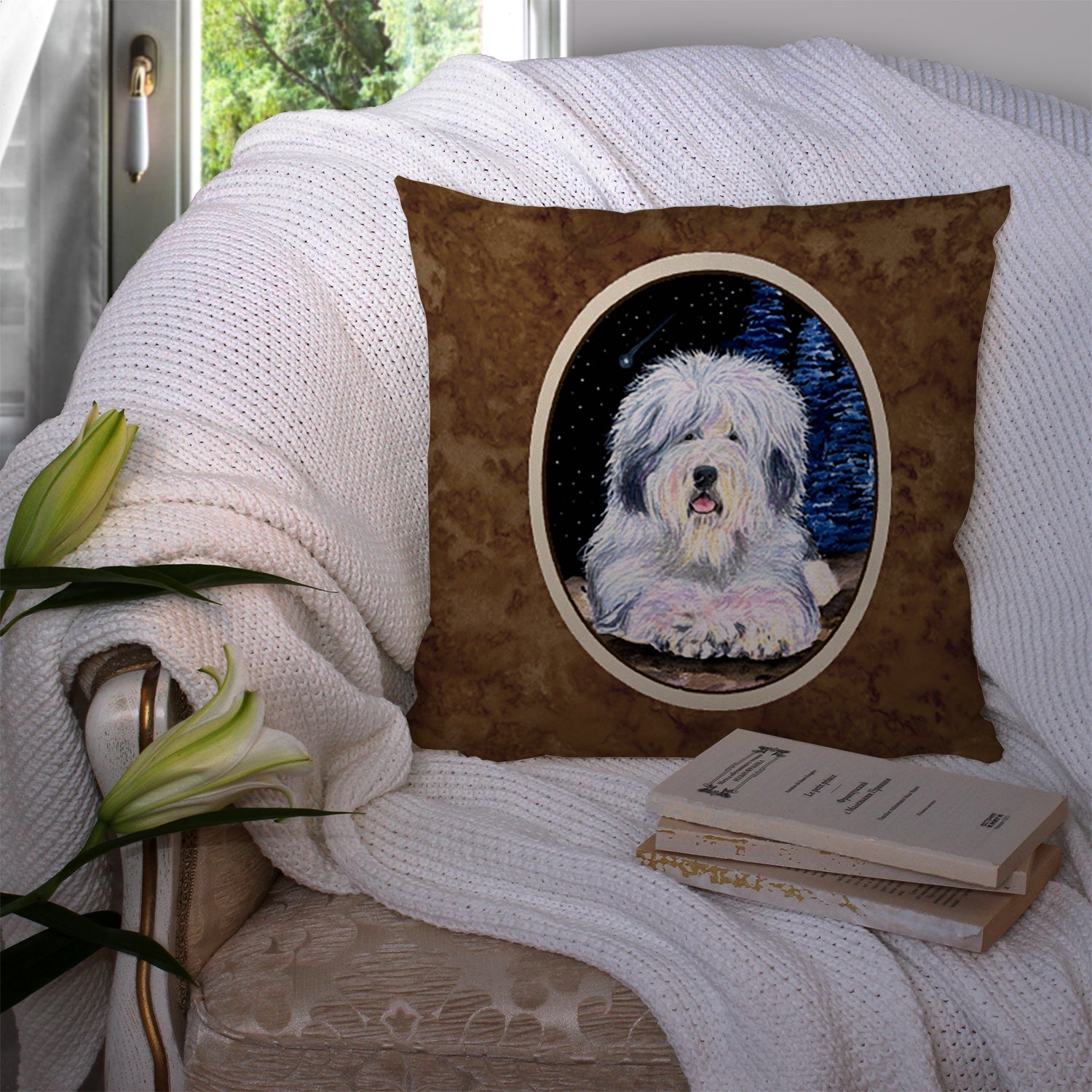 Starry Night Old English Sheepdog Decorative Throw Pillow 14x14 Indoor Outdoor Accent Cushion, Fabric Cover with Insert for Sofa, Bed, Porch & Living Room