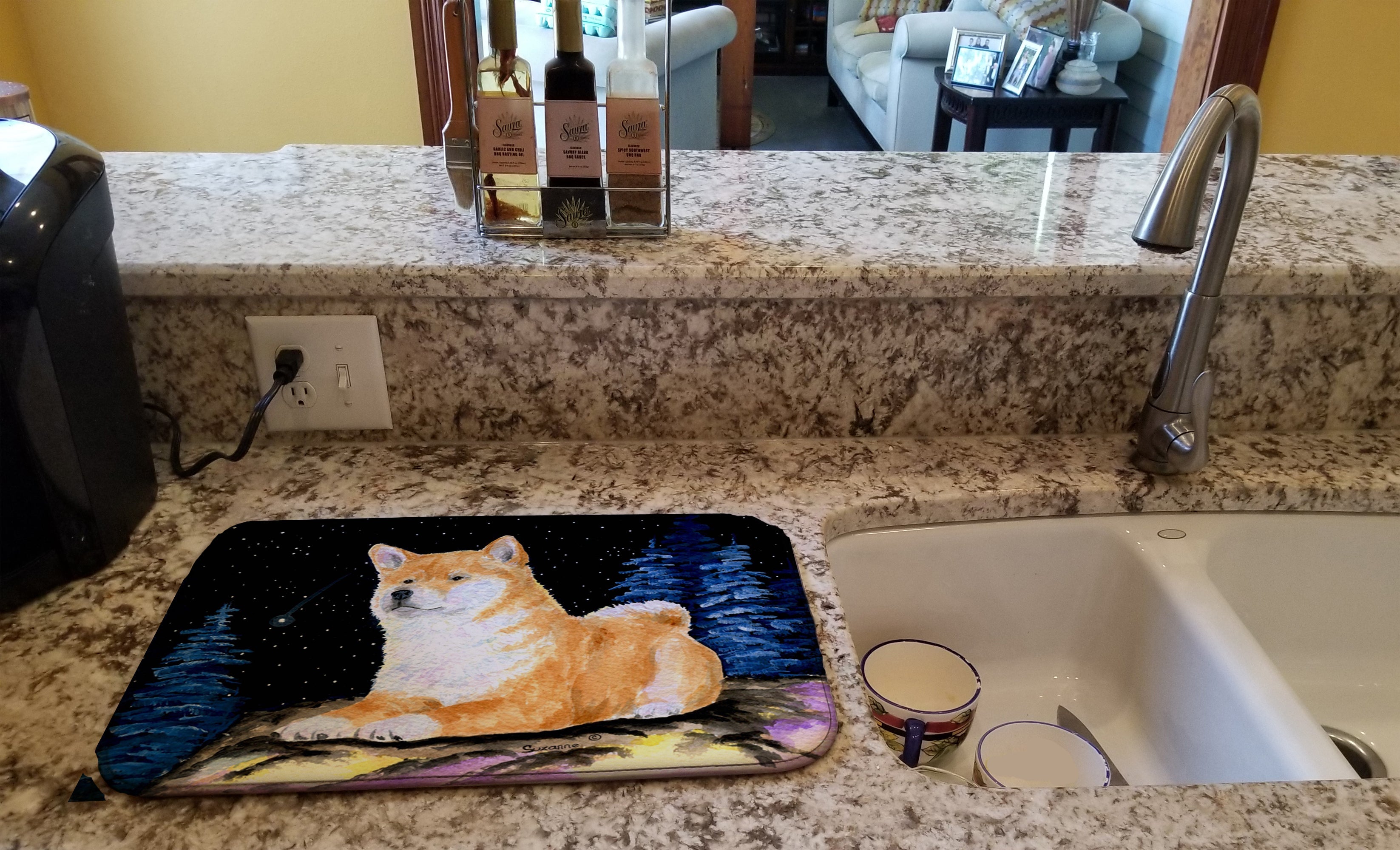 Starry Night Shiba Inu Dish Drying Mat Absorbent Dish Drying Mat Pad for Kitchen Counter Dish Drainer Mat for Countertop, 14 x 21", Multicolor