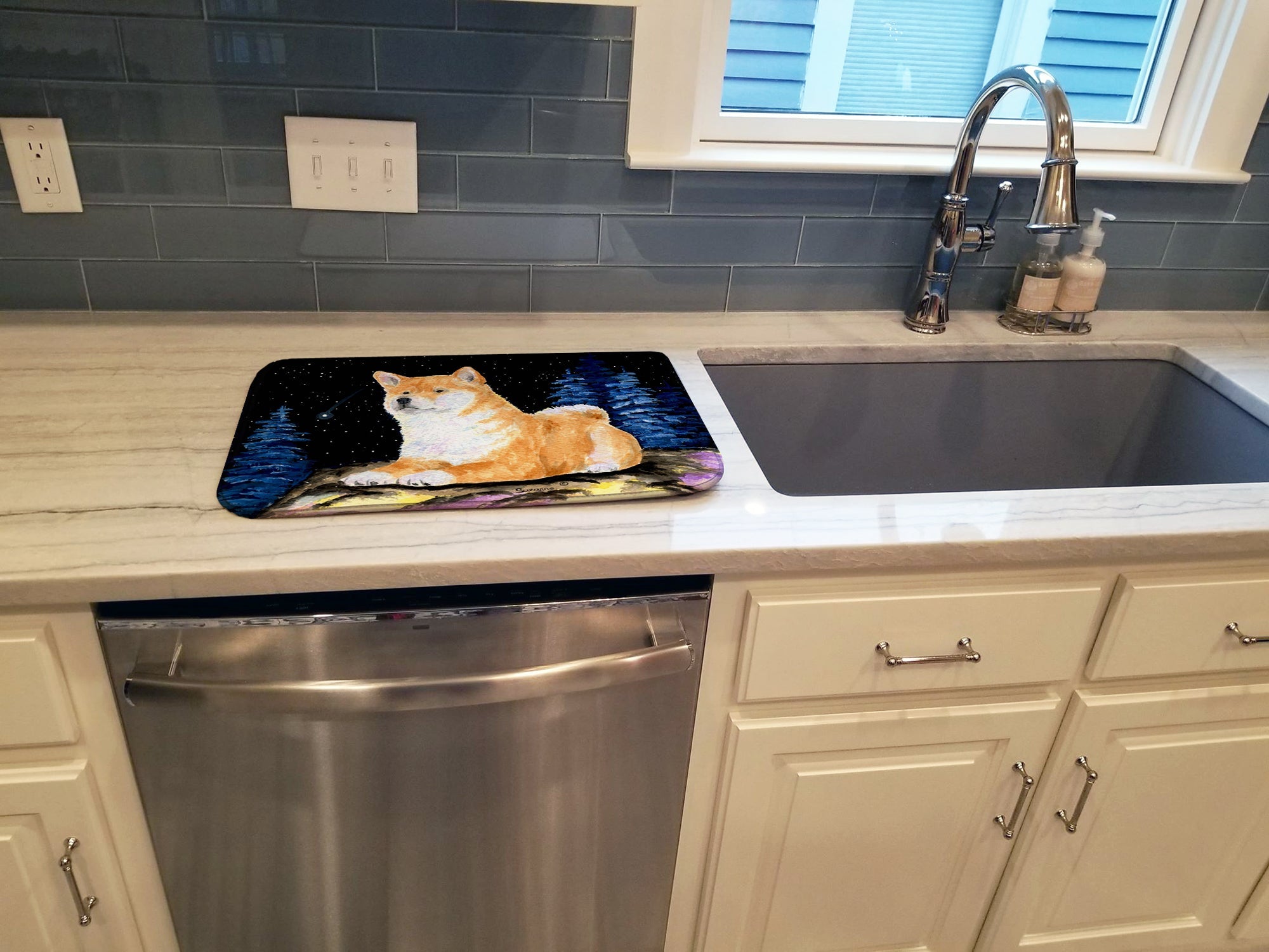 Starry Night Shiba Inu Dish Drying Mat Absorbent Dish Drying Mat Pad for Kitchen Counter Dish Drainer Mat for Countertop, 14 x 21", Multicolor
