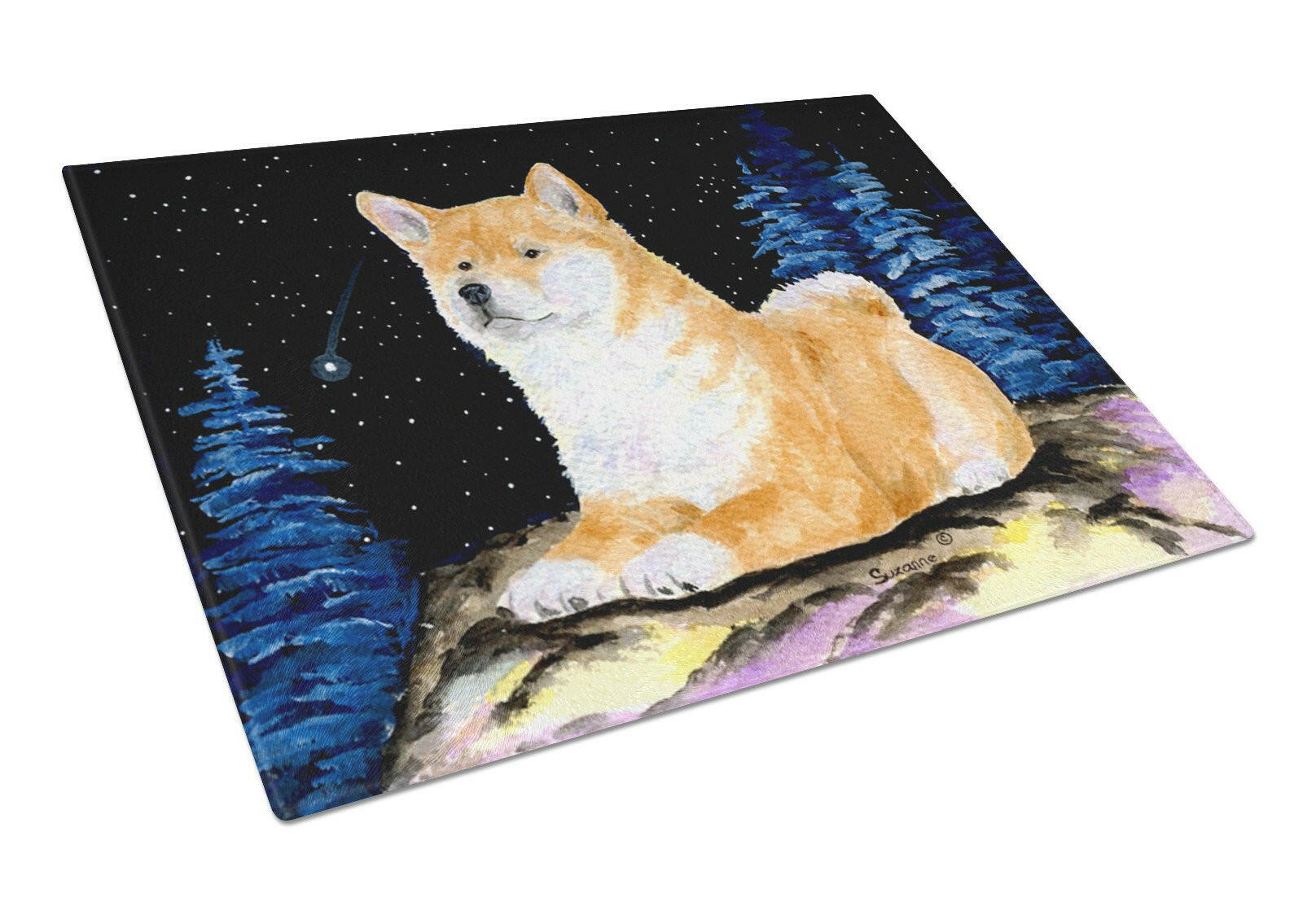 Starry Night Shiba Inu Cutting Board Tempered Glass Kitchen Cutting Surface, Heat Resistant Chopping, Non-Slip Feet, Food Prep & Serving