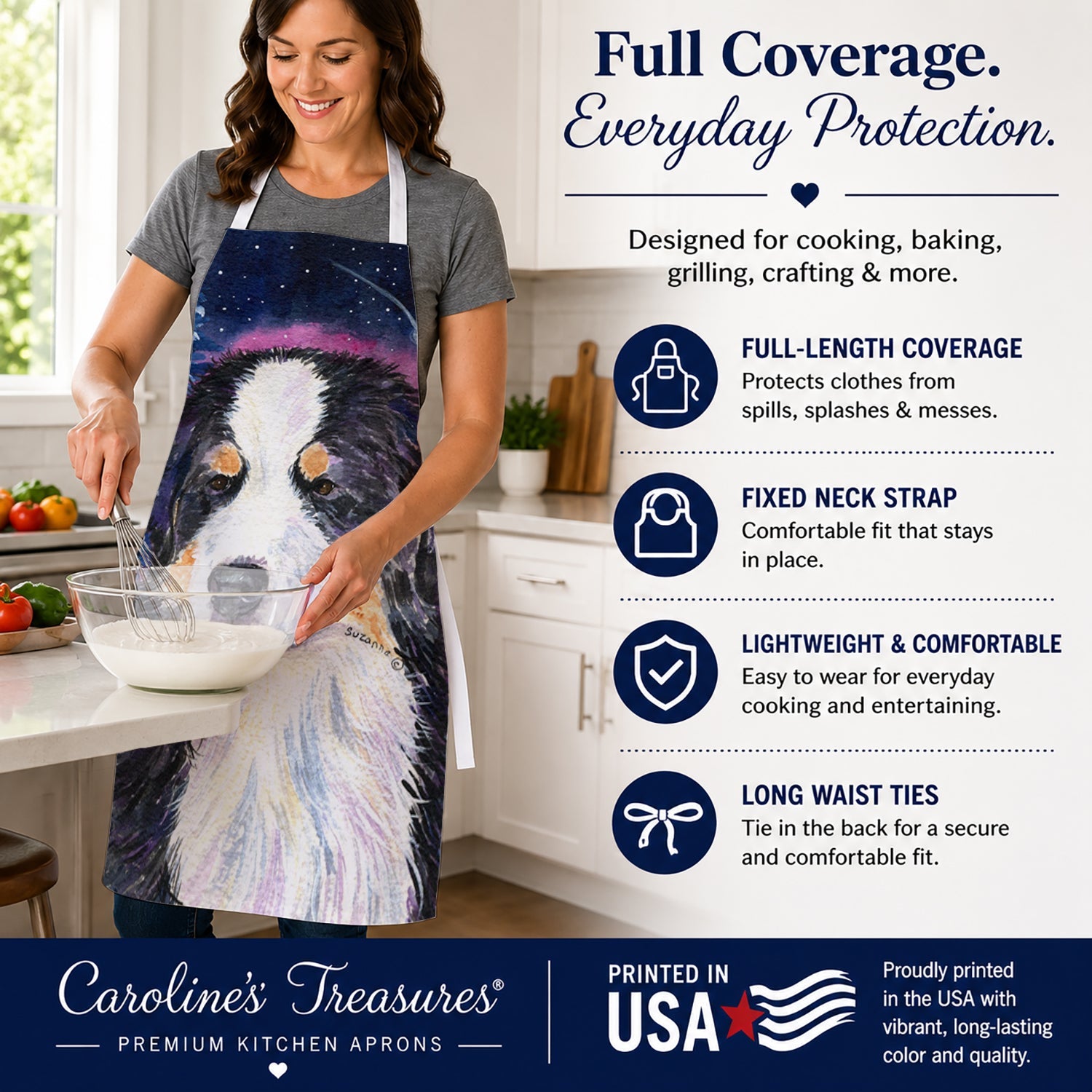 Starry Night Bernese Mountain Dog Apron Cooking Kitchen Server Baking Crafts Gardening for Adult Women Men, Unisex, Large, Multicolor