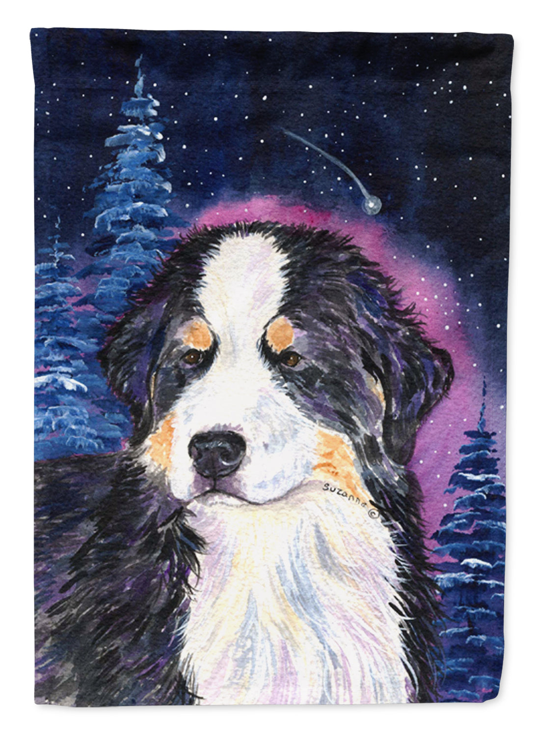 Starry Night Bernese Mountain Dog House Flag 28x40 Porch Sleeve Pole Decorative Outside Yard Banner Artwork Wall Hanging, Polyester